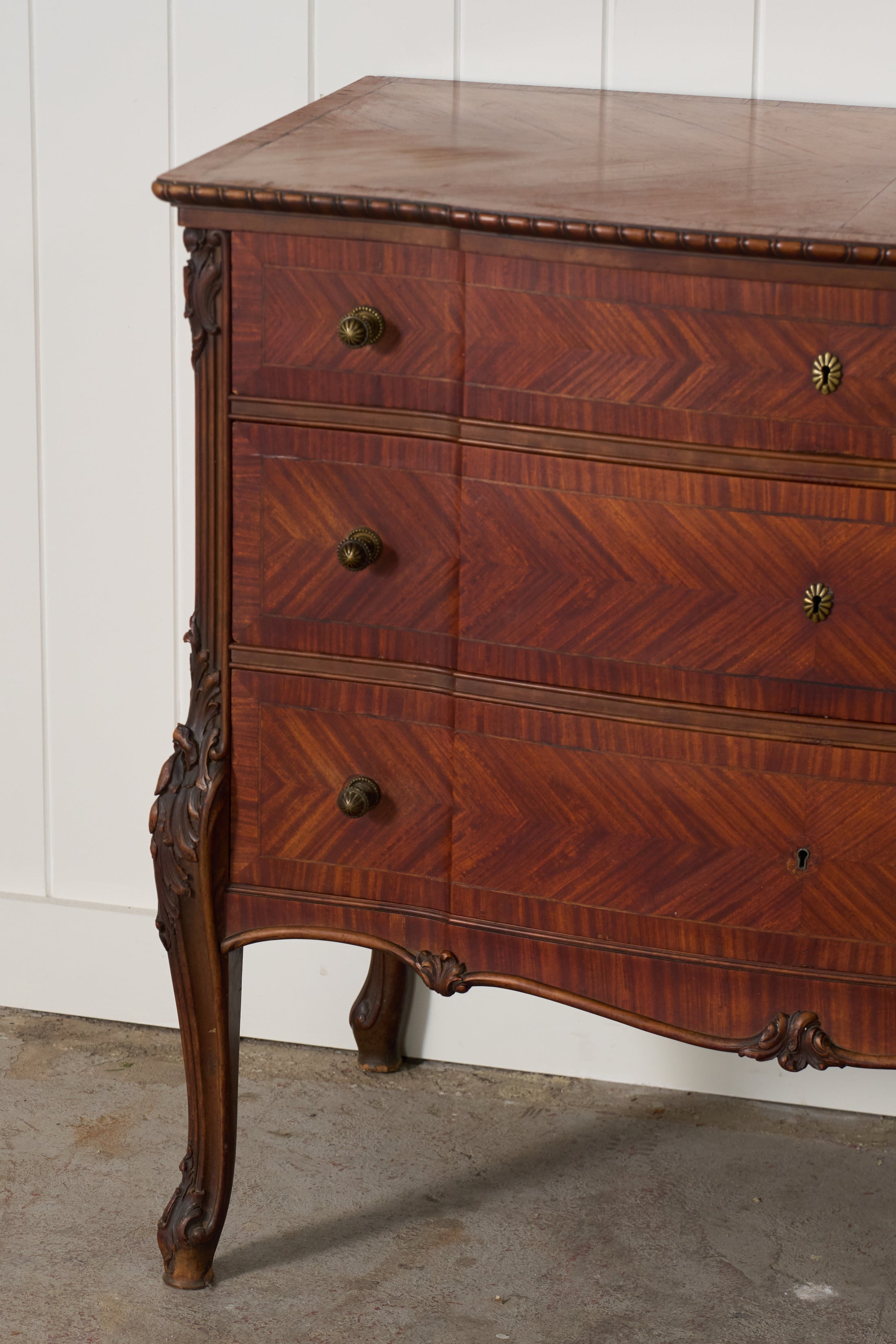 French Louis XV Style Mahogany + Satinwood Book-Matched Veneered 3-Drawer Commode