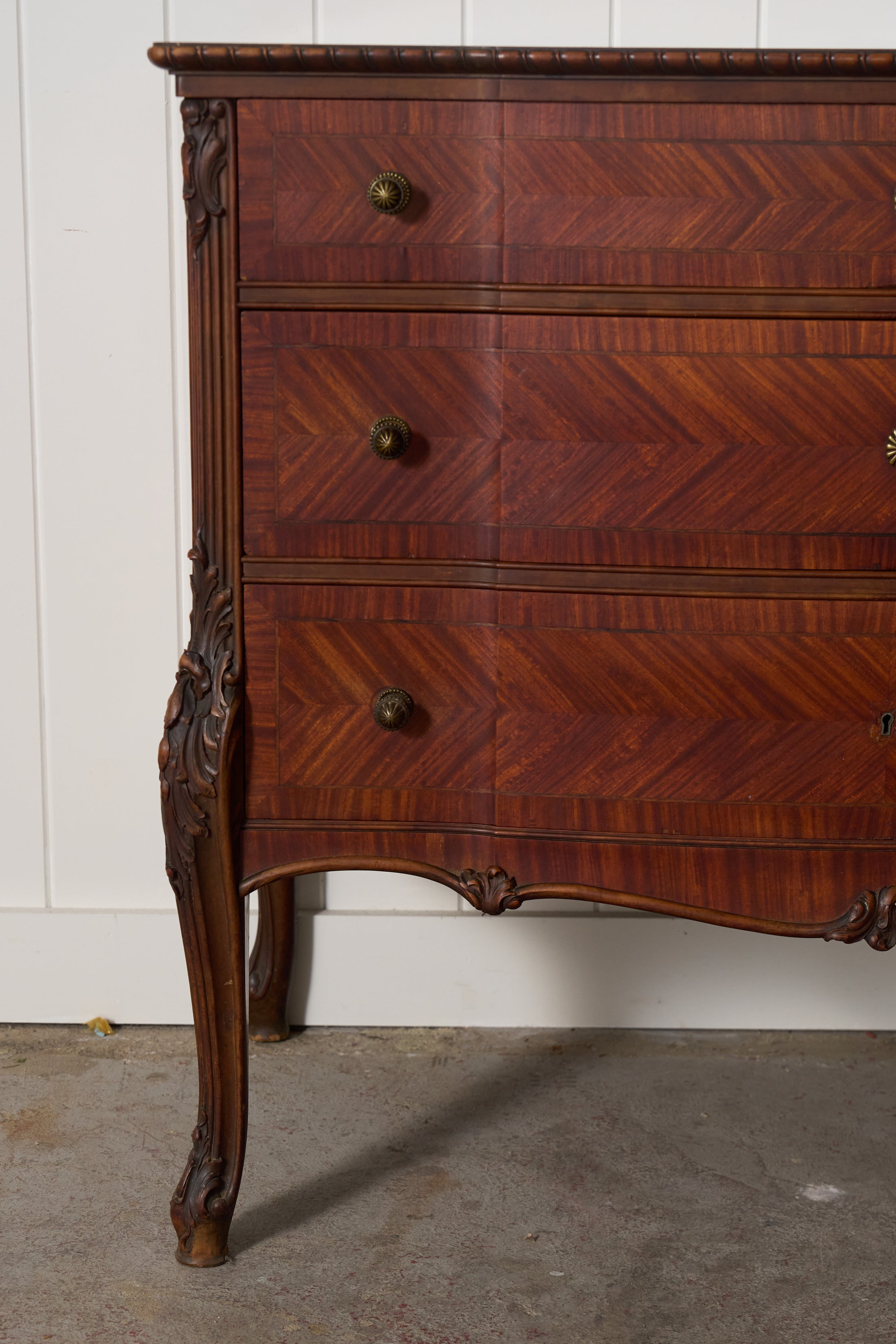 French Louis XV Style Mahogany + Satinwood Book-Matched Veneered 3-Drawer Commode