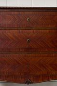 Load image into Gallery viewer, French Louis XV Style Mahogany + Satinwood Book-Matched Veneered 3-Drawer Commode
