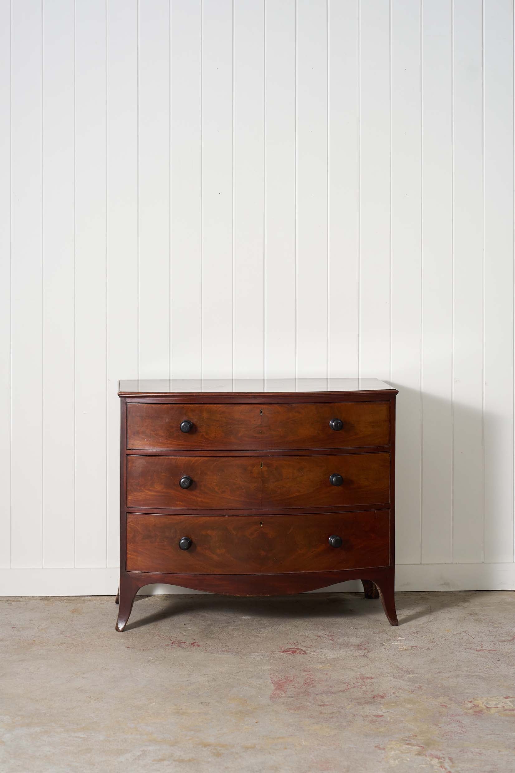3 Drawer Mahogany Bowfront Chest With Wooden Knobs (c. 1830)