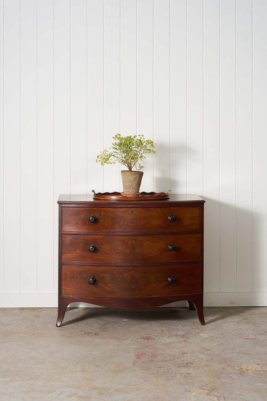 3 Drawer Mahogany Bowfront Chest With Wooden Knobs (c. 1830)