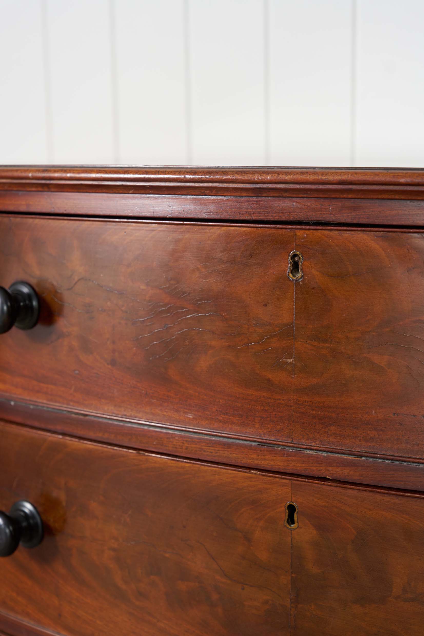 3 Drawer Mahogany Bowfront Chest With Wooden Knobs (c. 1830)