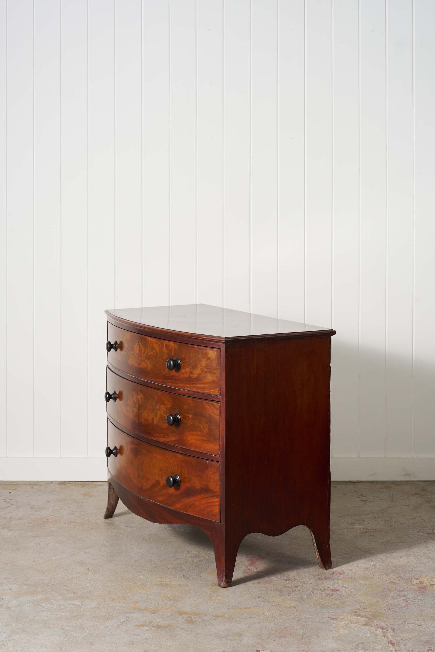 3 Drawer Mahogany Bowfront Chest With Wooden Knobs (c. 1830)