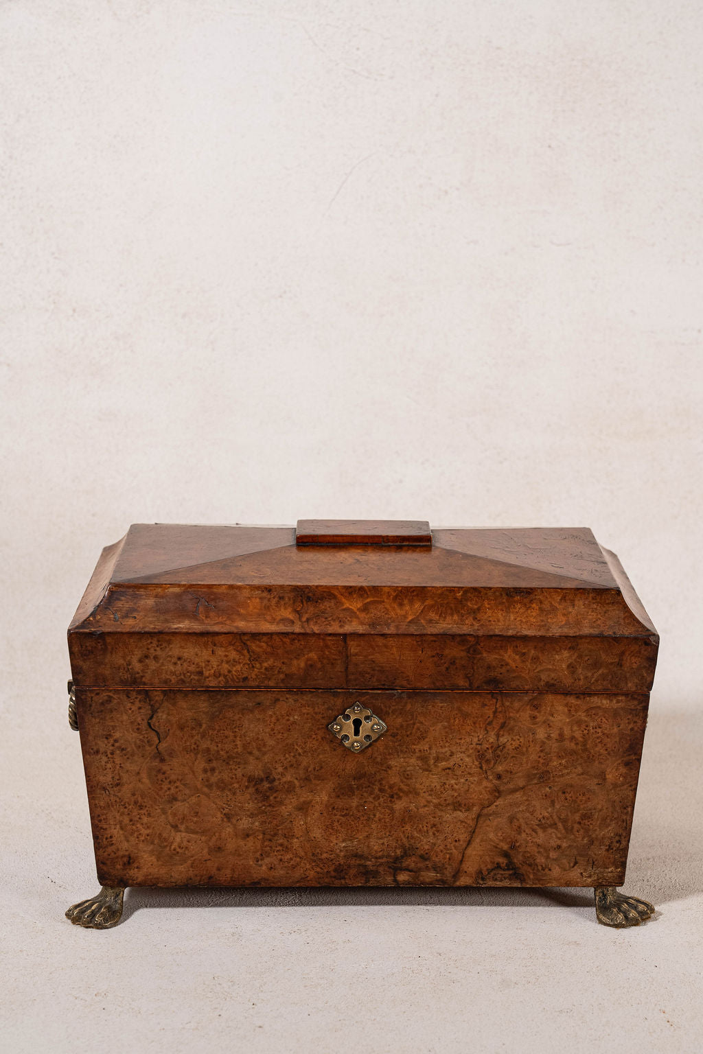 Antique Burl Walnut Tea Caddy with Claw Feet