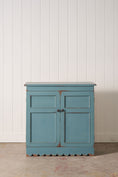 Load image into Gallery viewer, Petite Antique English Blue Painted Cabinet with Interior Shelves + Scalloped Apron
