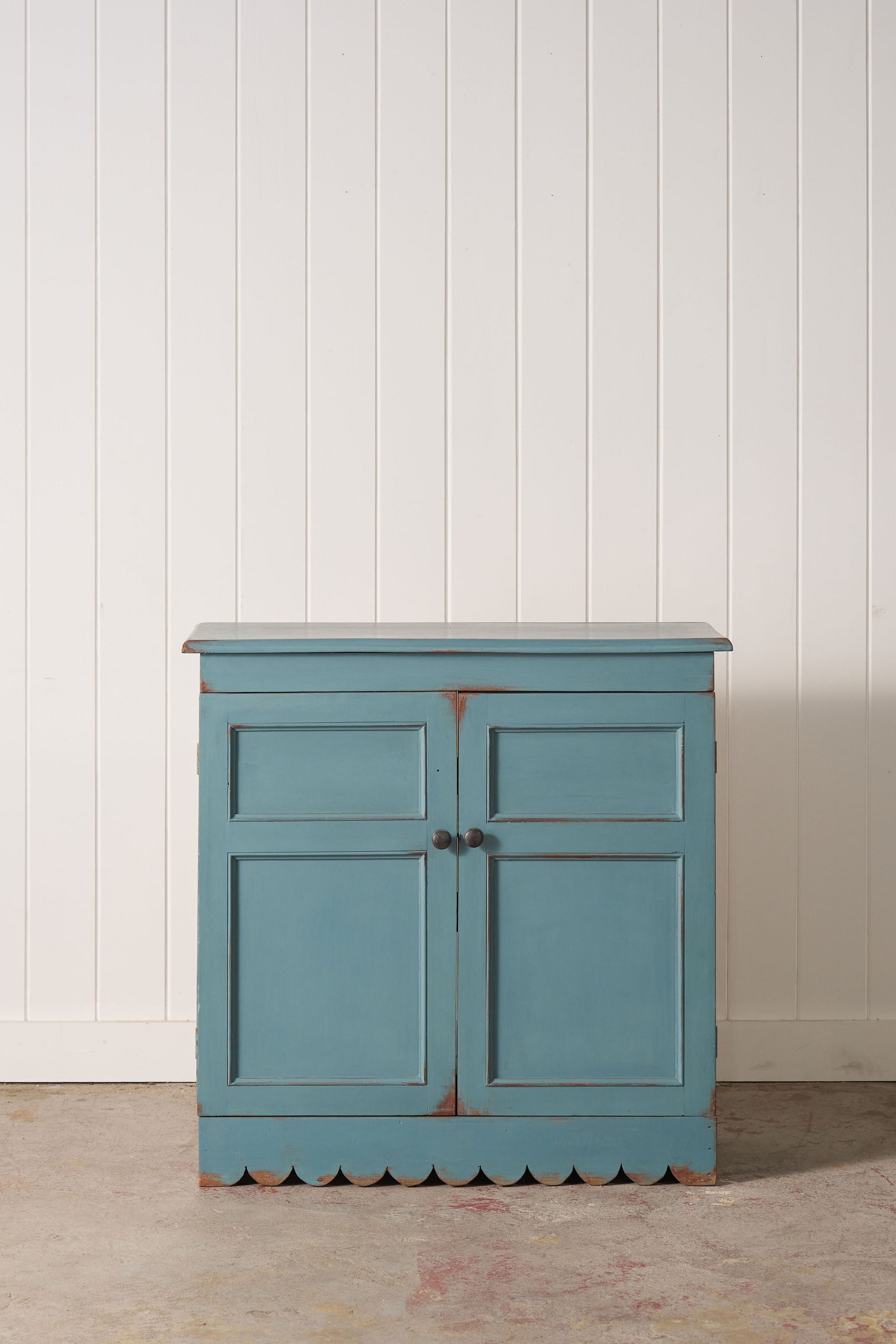 Petite Antique English Blue Painted Cabinet with Interior Shelves + Scalloped Apron