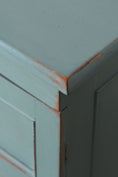 Load image into Gallery viewer, Petite Antique English Blue Painted Cabinet with Interior Shelves + Scalloped Apron
