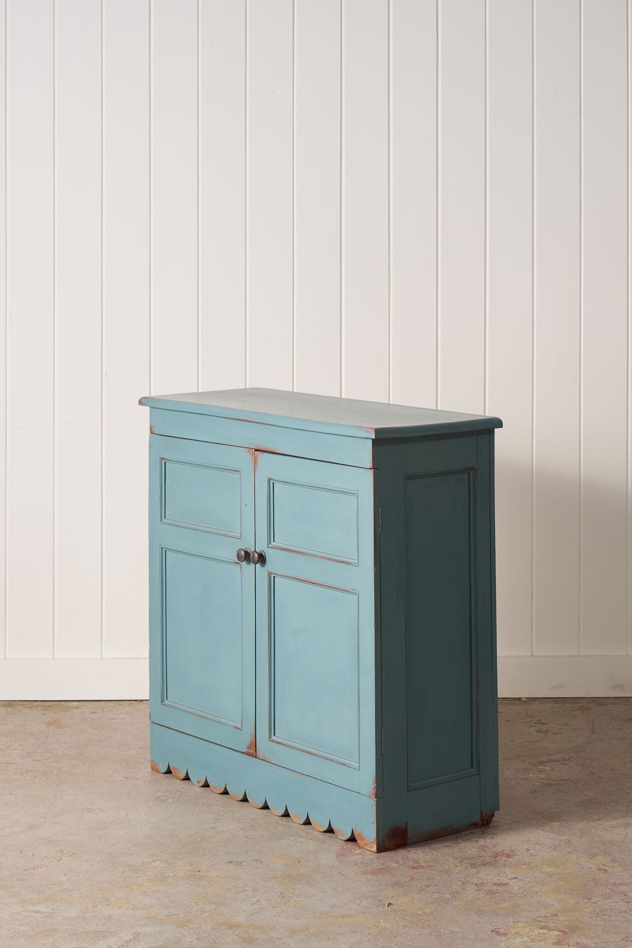 Petite Antique English Blue Painted Cabinet with Interior Shelves + Scalloped Apron