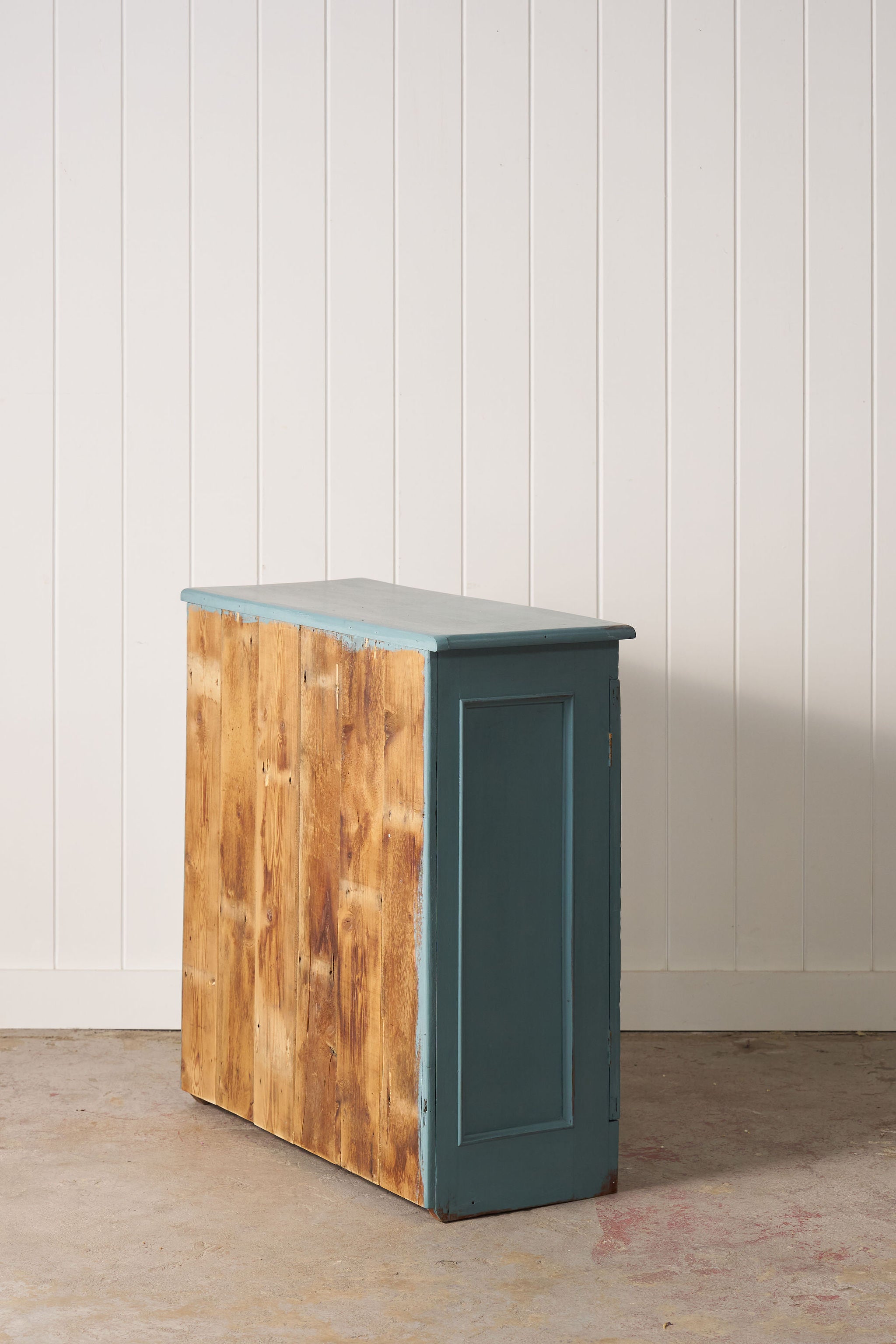 Petite Antique English Blue Painted Cabinet with Interior Shelves + Scalloped Apron