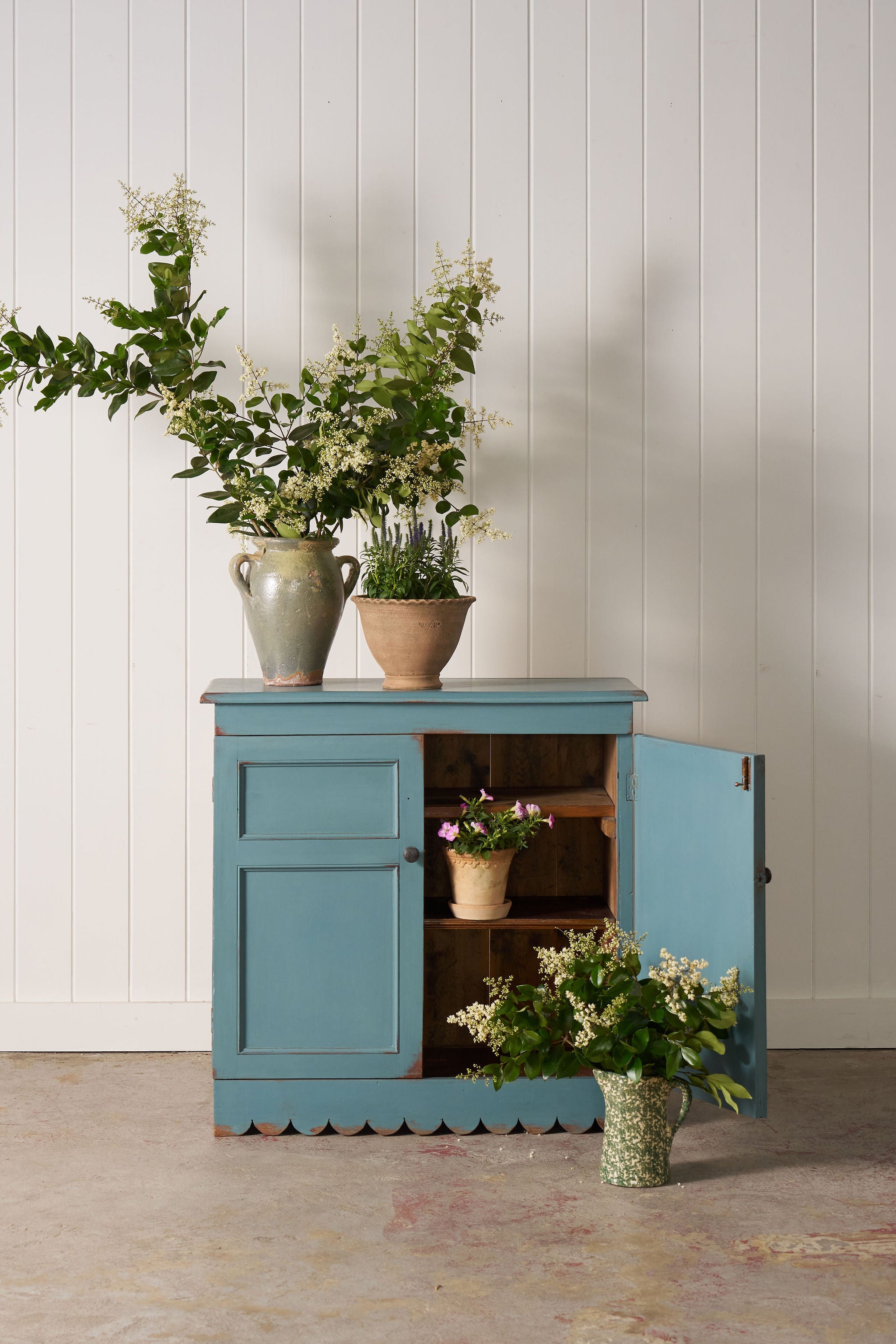 Petite Antique English Blue Painted Cabinet with Interior Shelves + Scalloped Apron