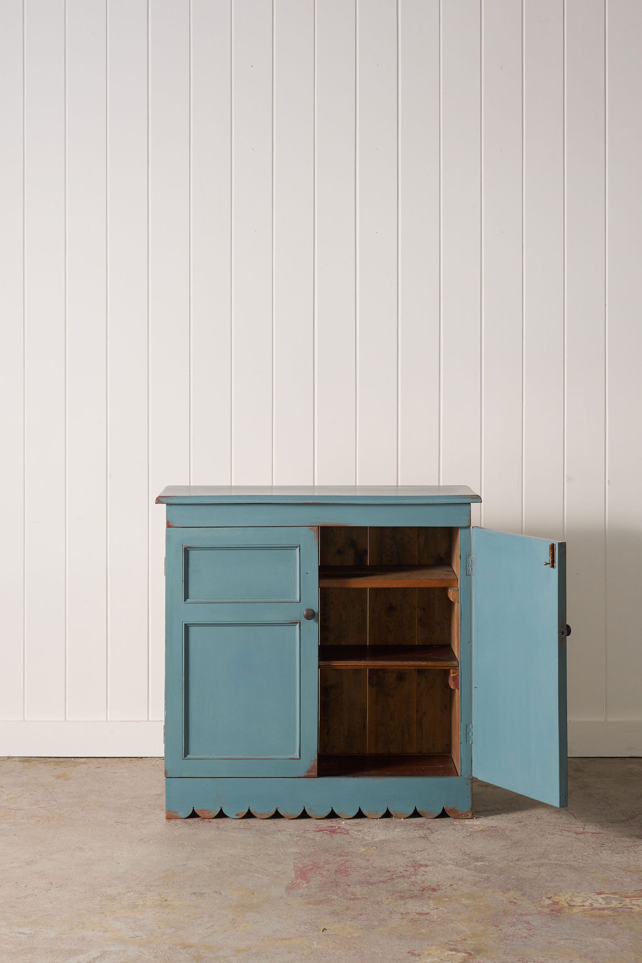 Petite Antique English Blue Painted Cabinet with Interior Shelves + Scalloped Apron