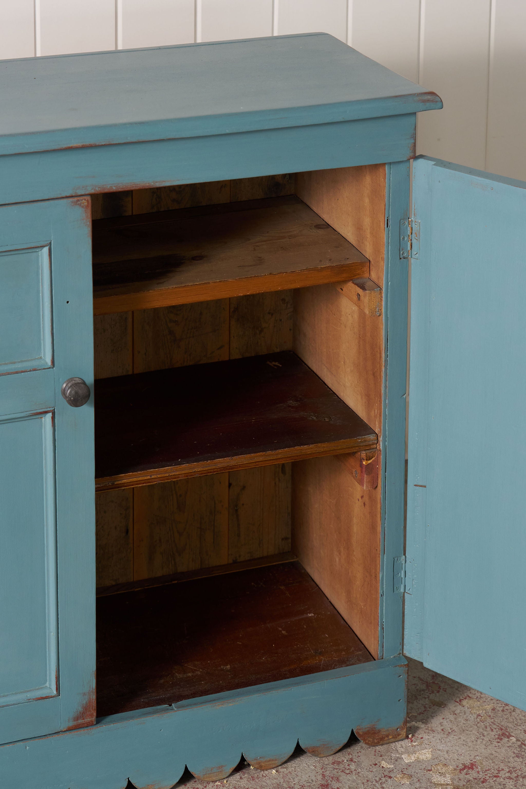 Petite Antique English Blue Painted Cabinet with Interior Shelves + Scalloped Apron