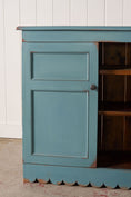 Load image into Gallery viewer, Petite Antique English Blue Painted Cabinet with Interior Shelves + Scalloped Apron
