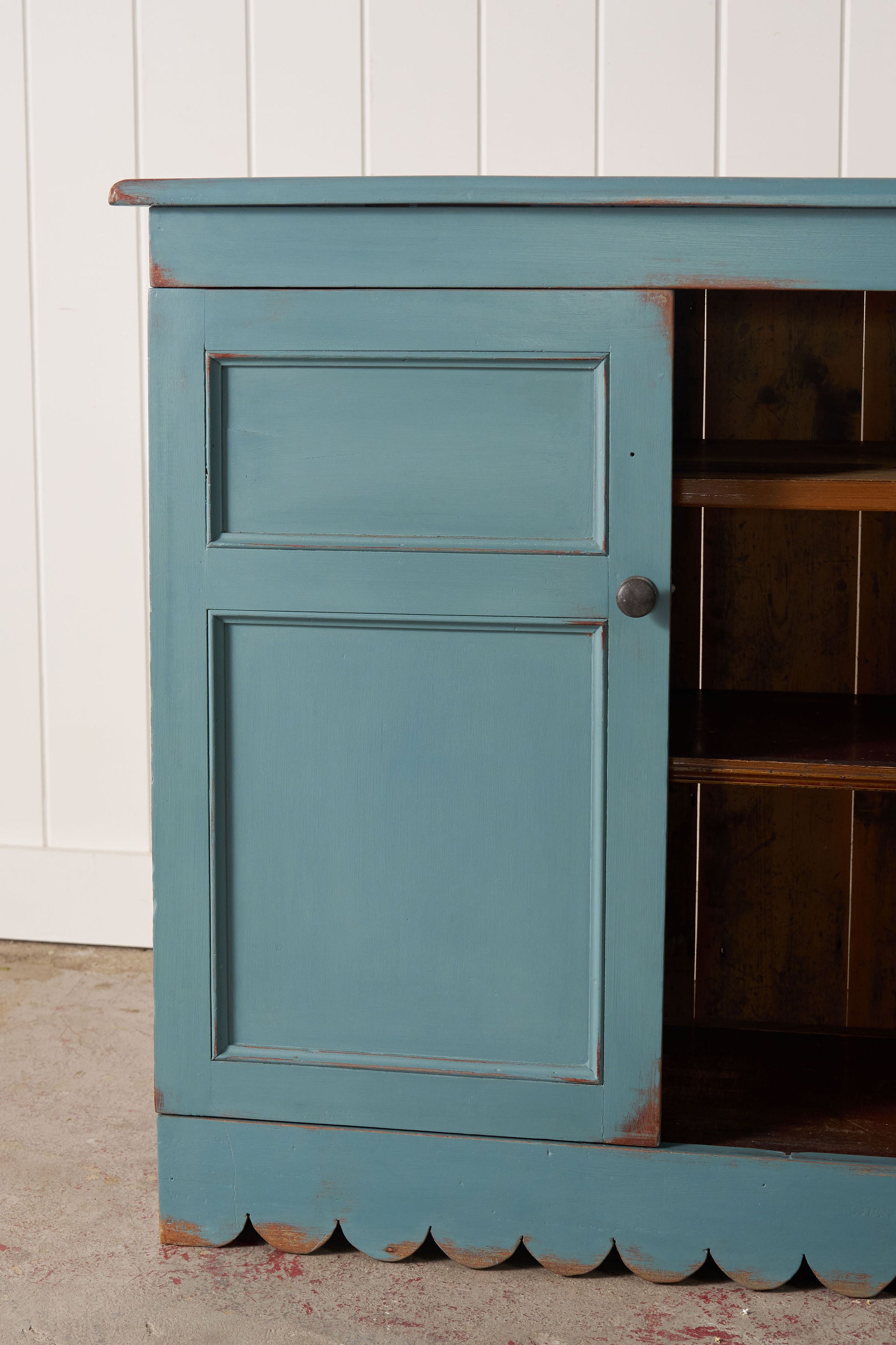 Petite Antique English Blue Painted Cabinet with Interior Shelves + Scalloped Apron