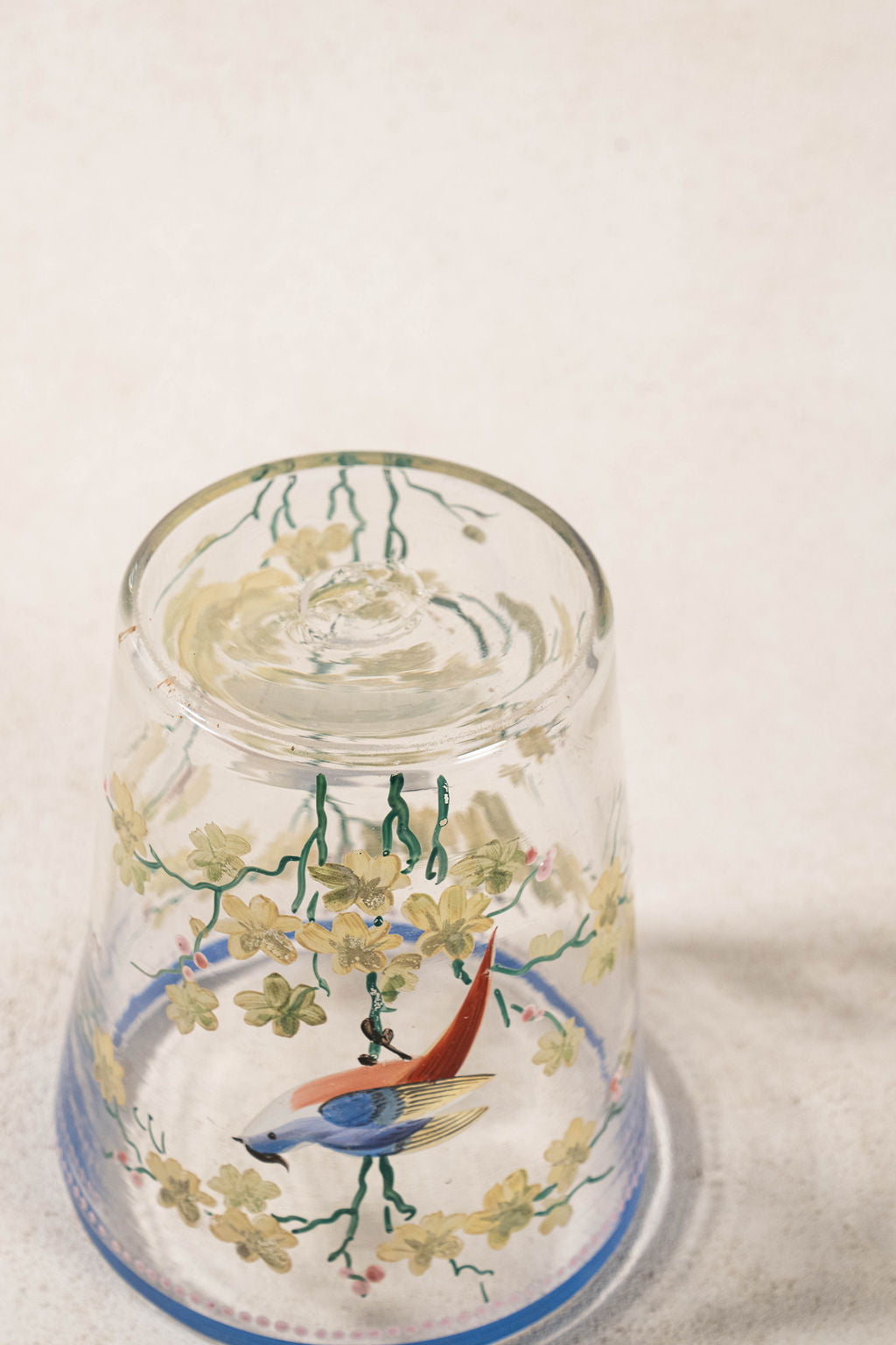 Hand Painted Glass Vase with Bluebirds and Flowers