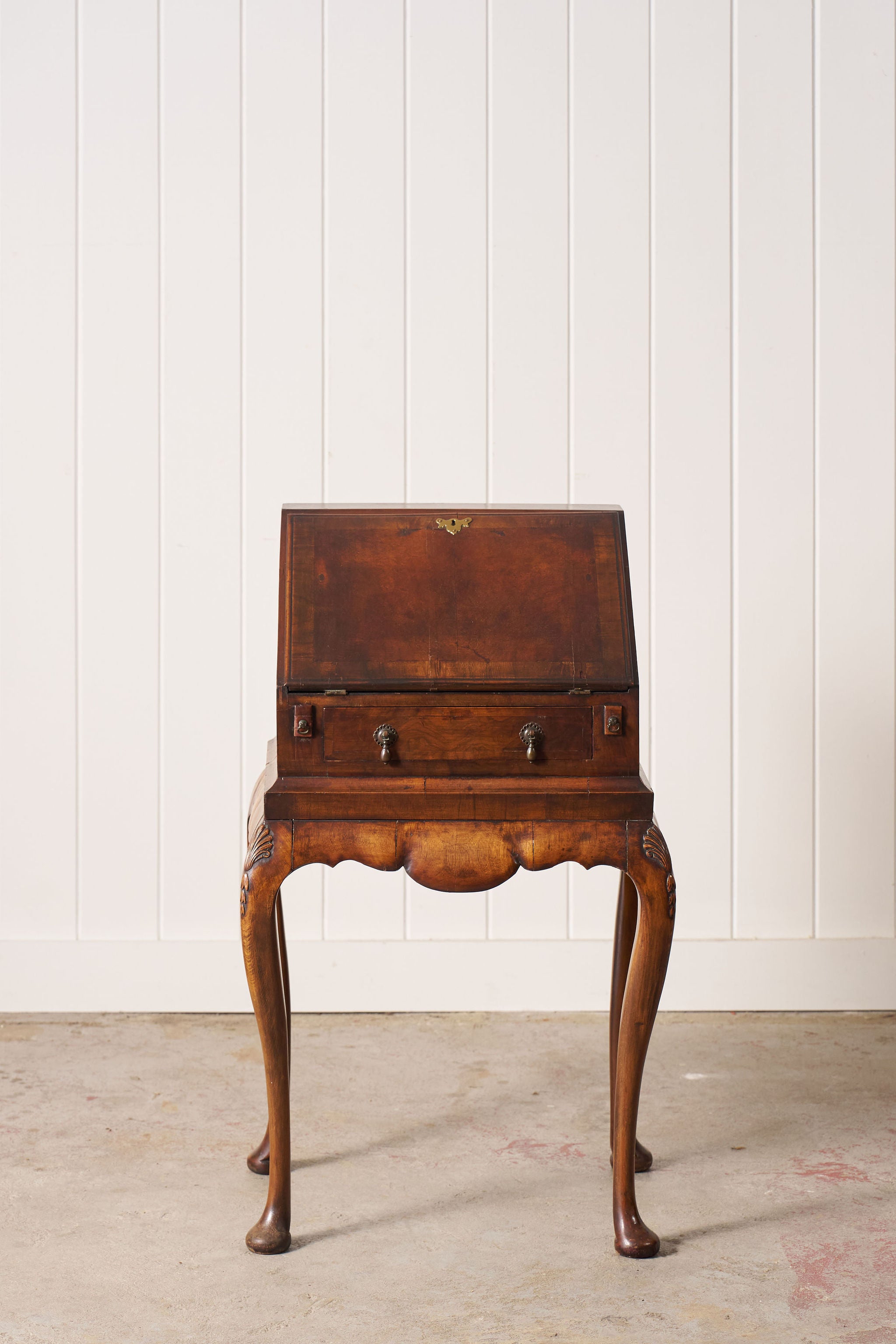 Petite English Walnut Bureau on Queen Anne Style Legs with Carved Shells (c. 1930)