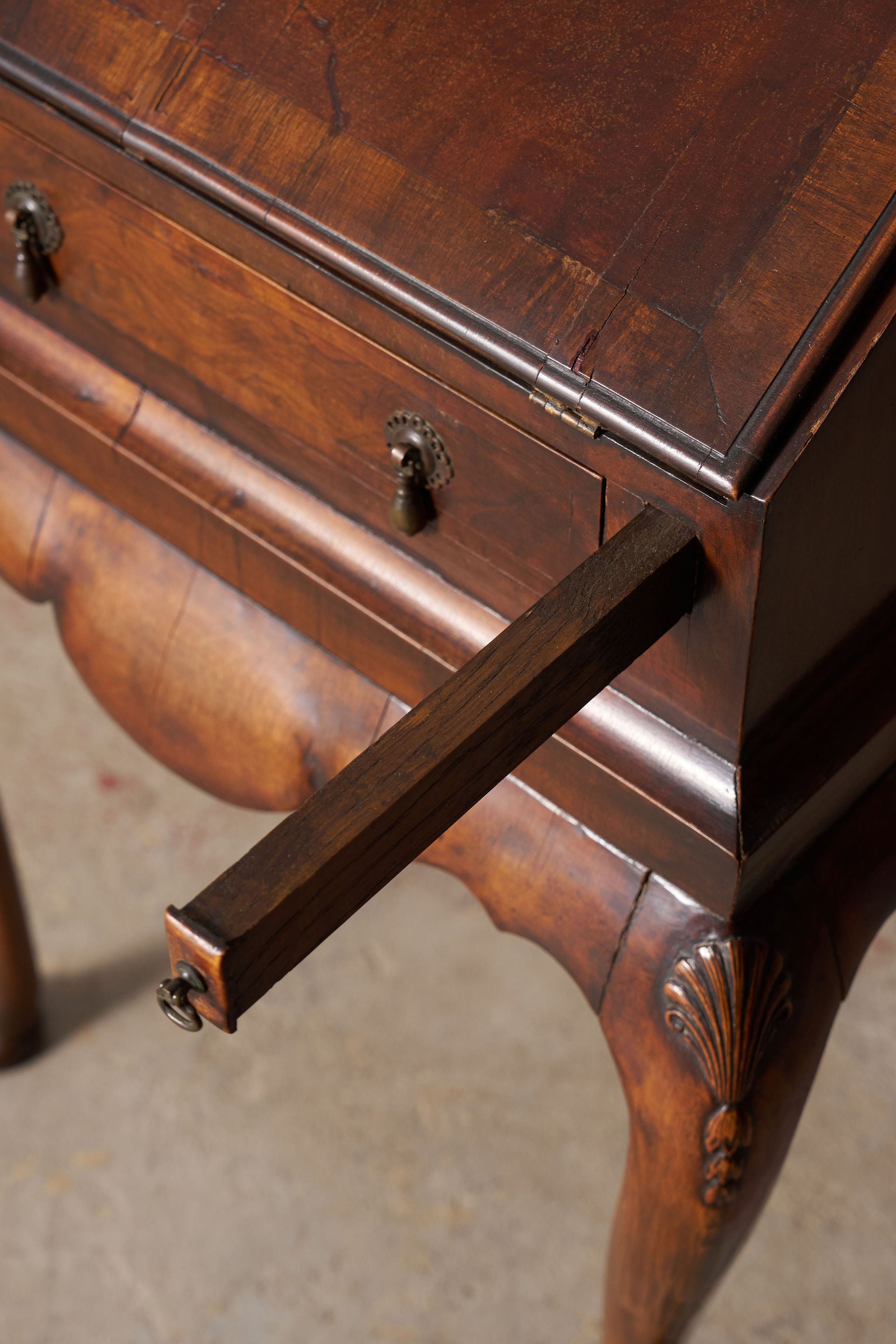 Petite English Walnut Bureau on Queen Anne Style Legs with Carved Shells (c. 1930)