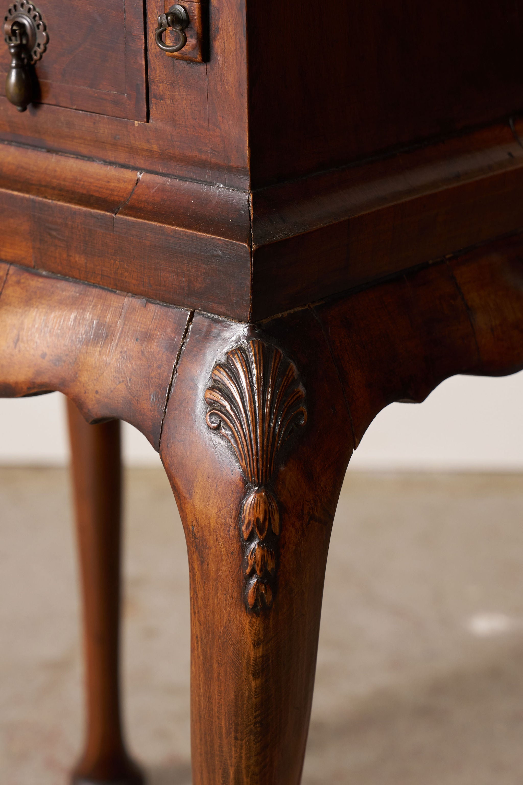 Petite English Walnut Bureau on Queen Anne Style Legs with Carved Shells (c. 1930)