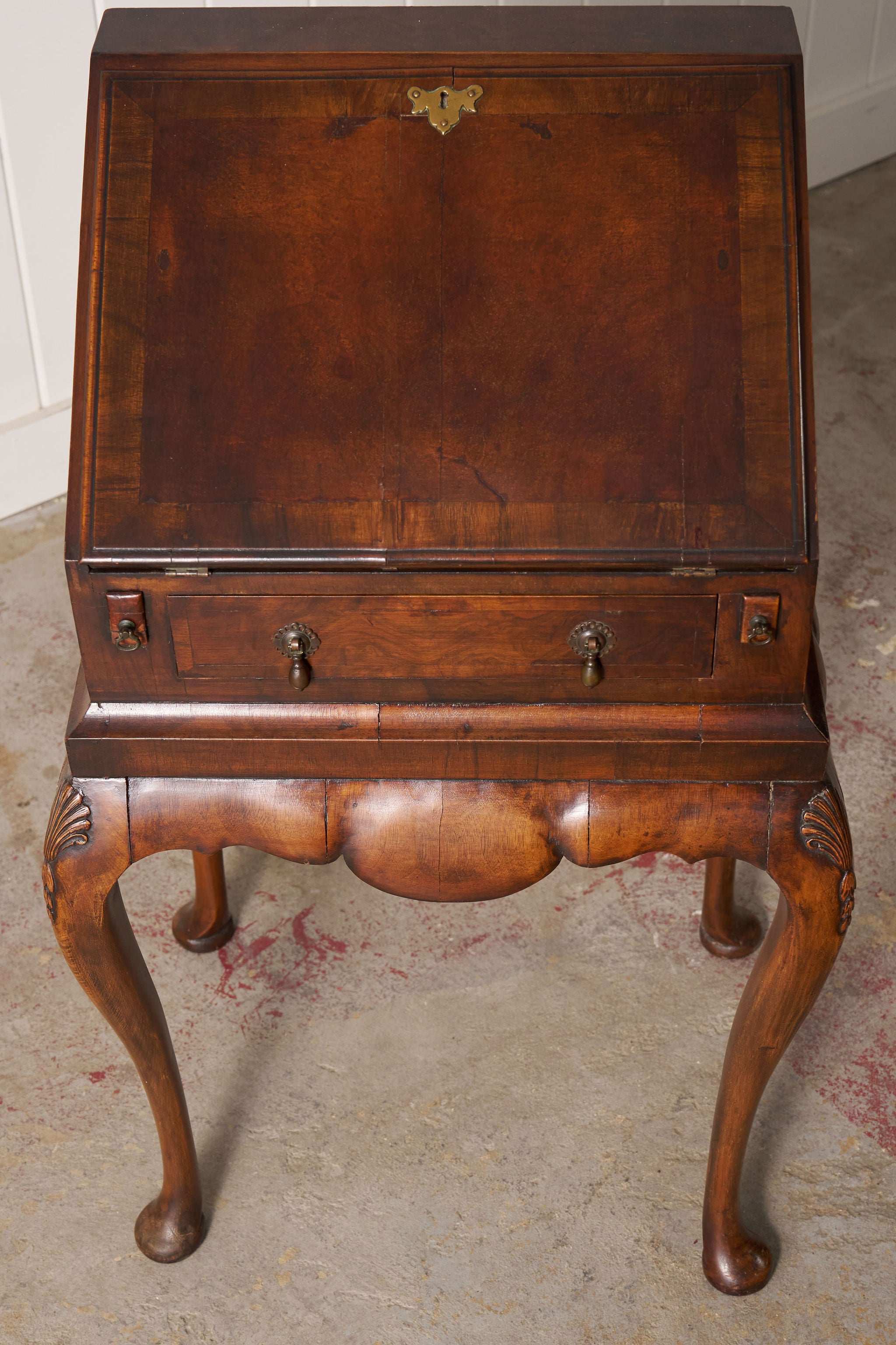 Petite English Walnut Bureau on Queen Anne Style Legs with Carved Shells (c. 1930)