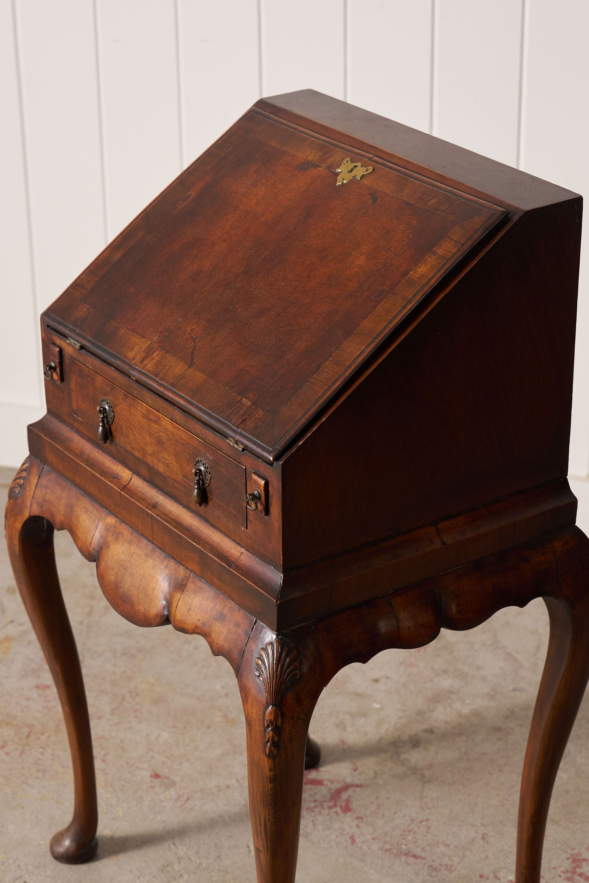 Petite English Walnut Bureau on Queen Anne Style Legs with Carved Shells (c. 1930)