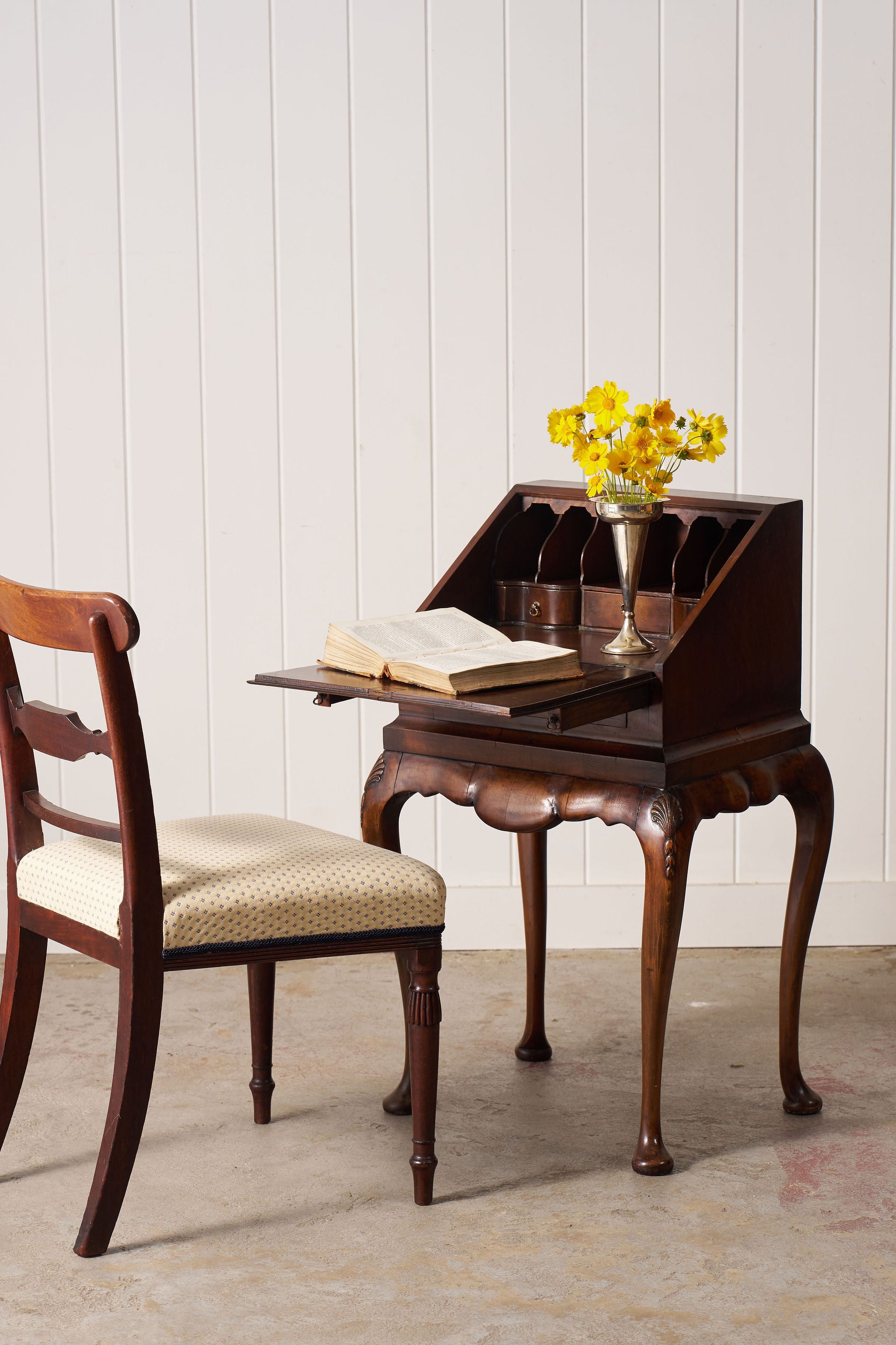 Petite English Walnut Bureau on Queen Anne Style Legs with Carved Shells (c. 1930)