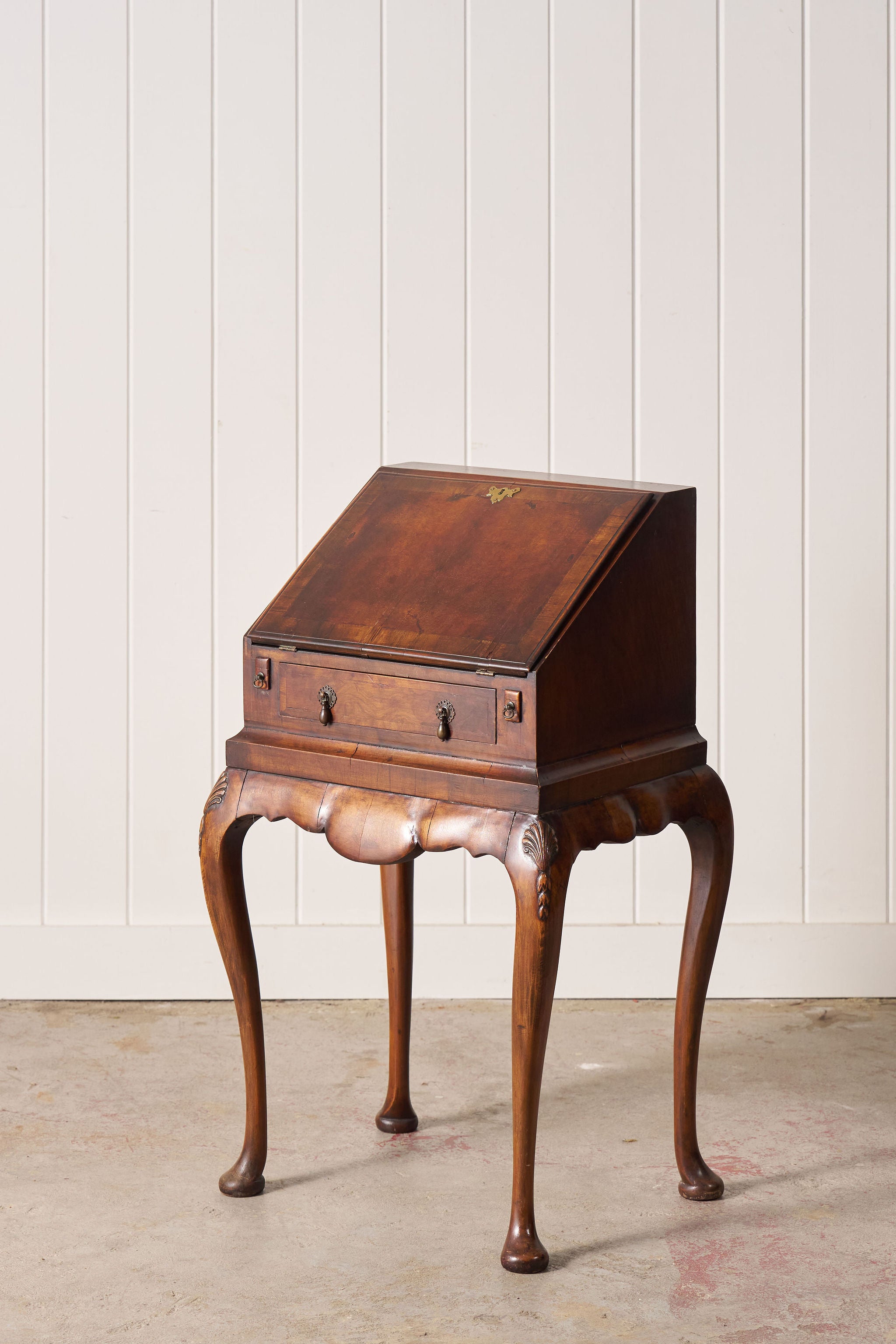 Petite English Walnut Bureau on Queen Anne Style Legs with Carved Shells (c. 1930)