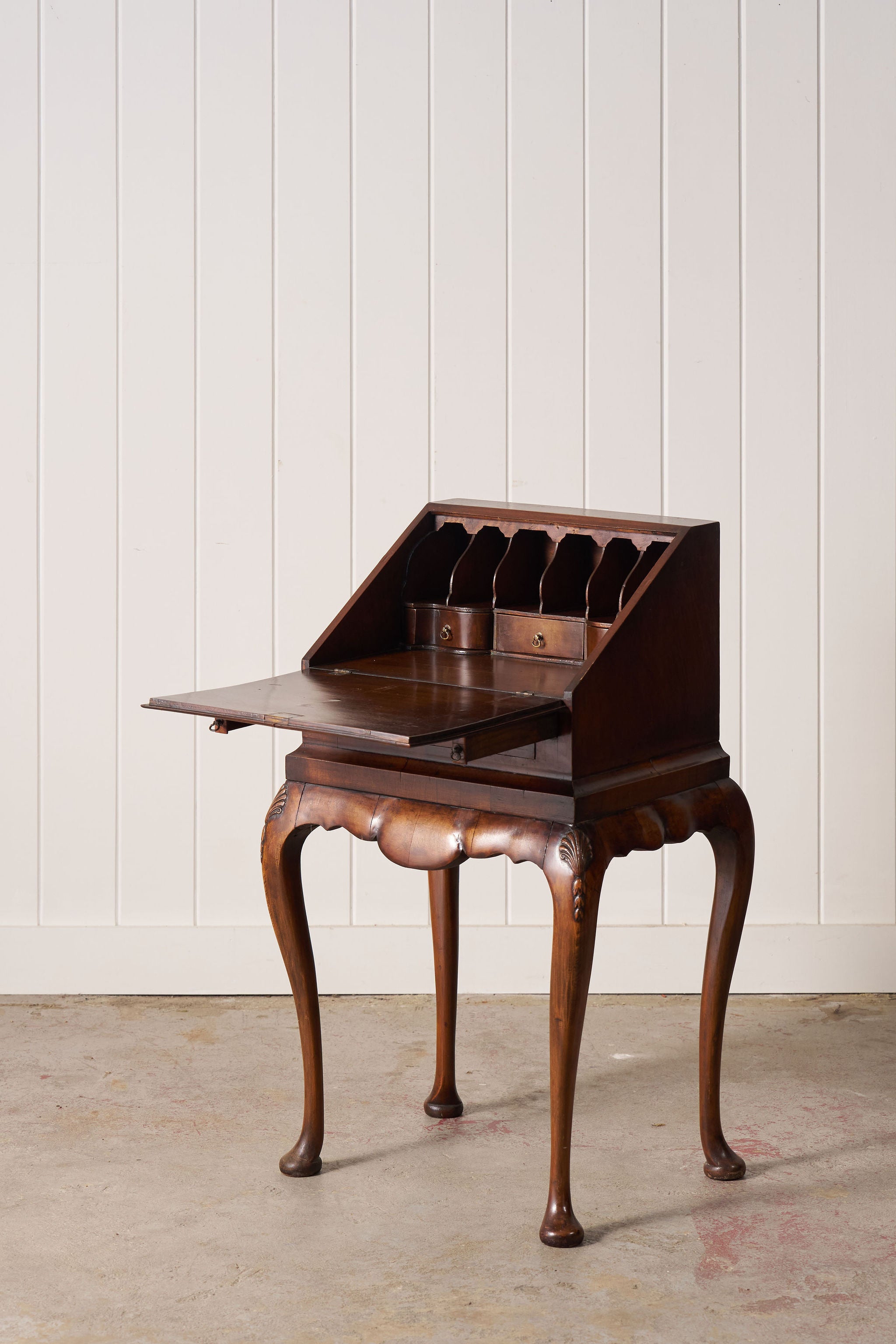 Petite English Walnut Bureau on Queen Anne Style Legs with Carved Shells (c. 1930)