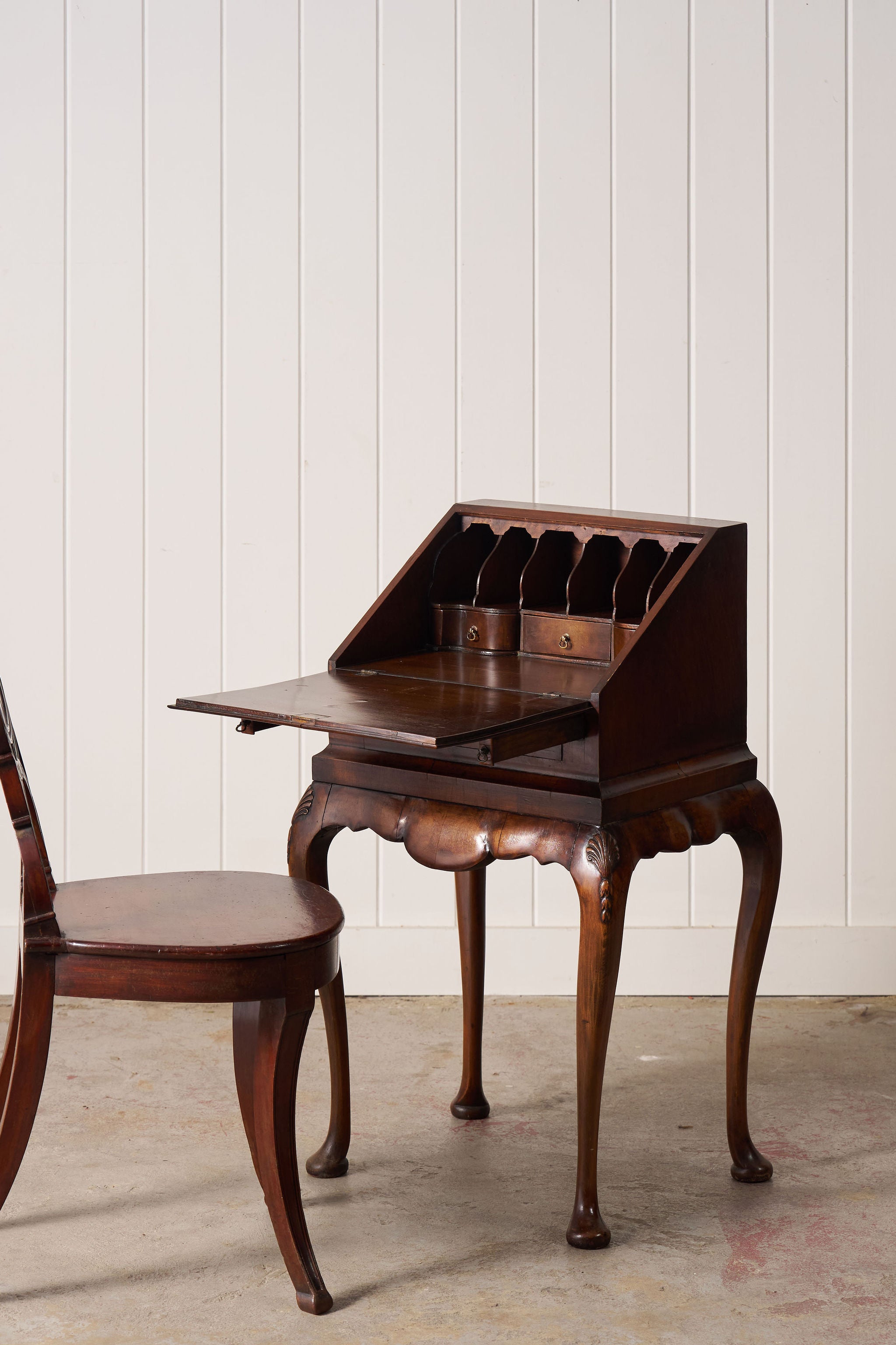 Petite English Walnut Bureau on Queen Anne Style Legs with Carved Shells (c. 1930)
