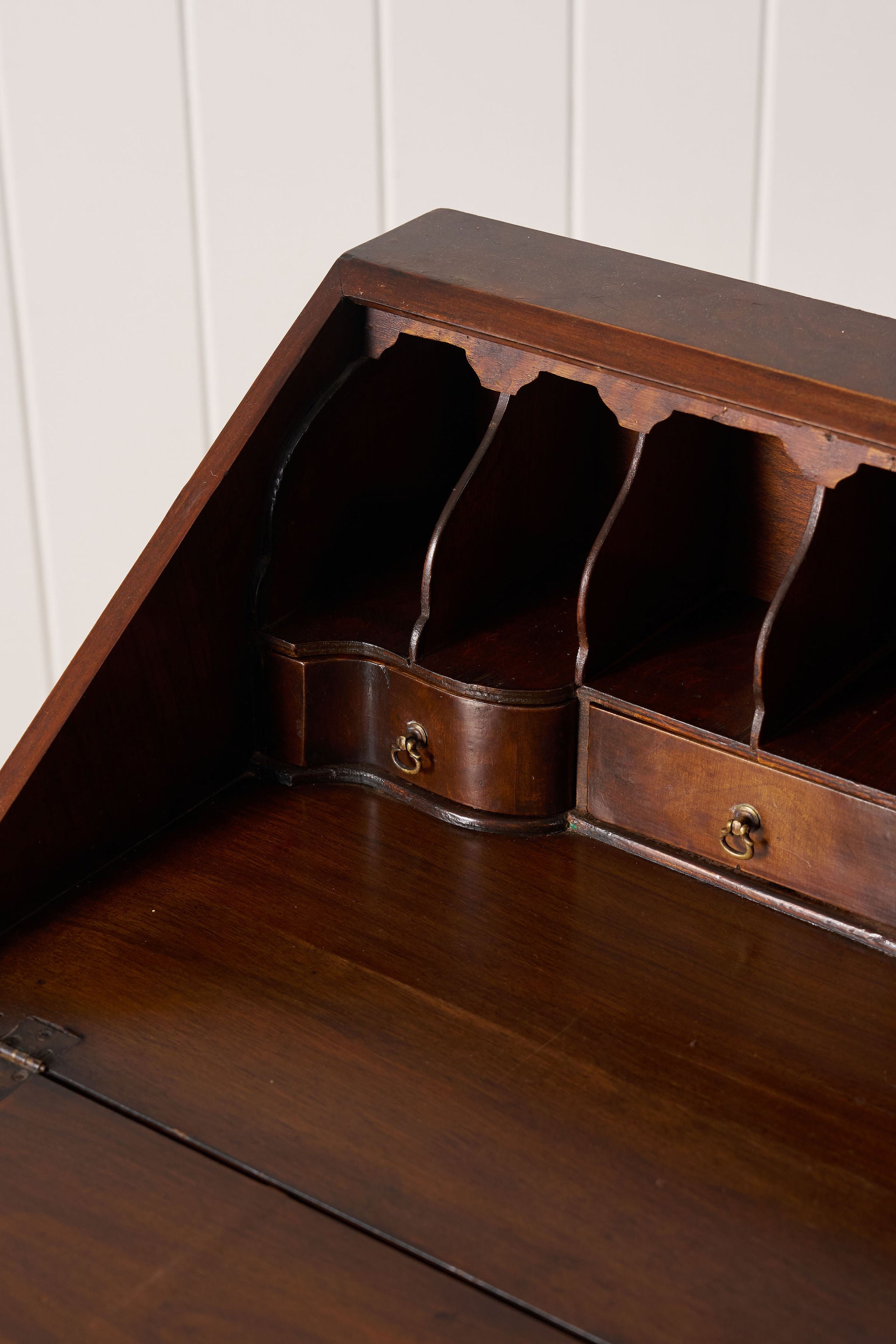 Petite English Walnut Bureau on Queen Anne Style Legs with Carved Shells (c. 1930)