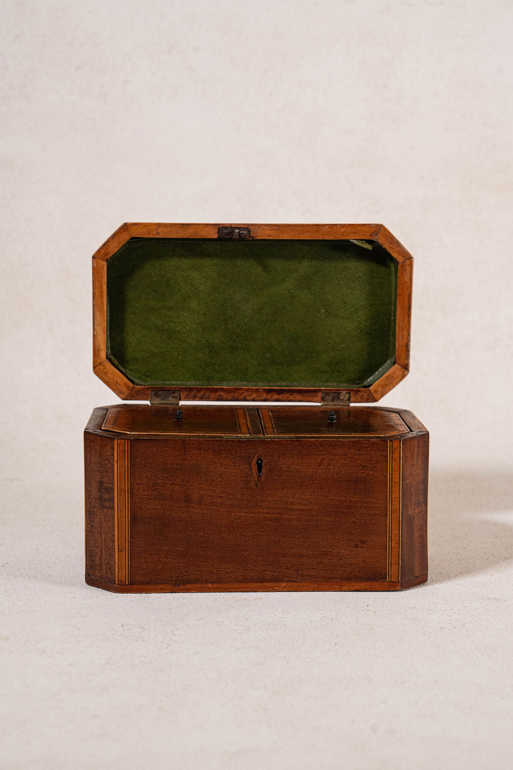 19th Century English Mahogany Tea Caddy with Satinwood Inlay and Intact Interior Compartments