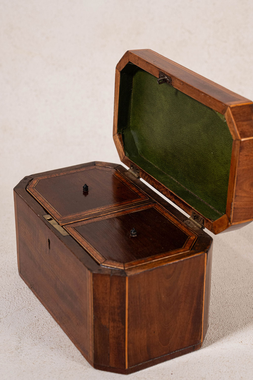19th Century English Mahogany Tea Caddy with Satinwood Inlay and Intact Interior Compartments