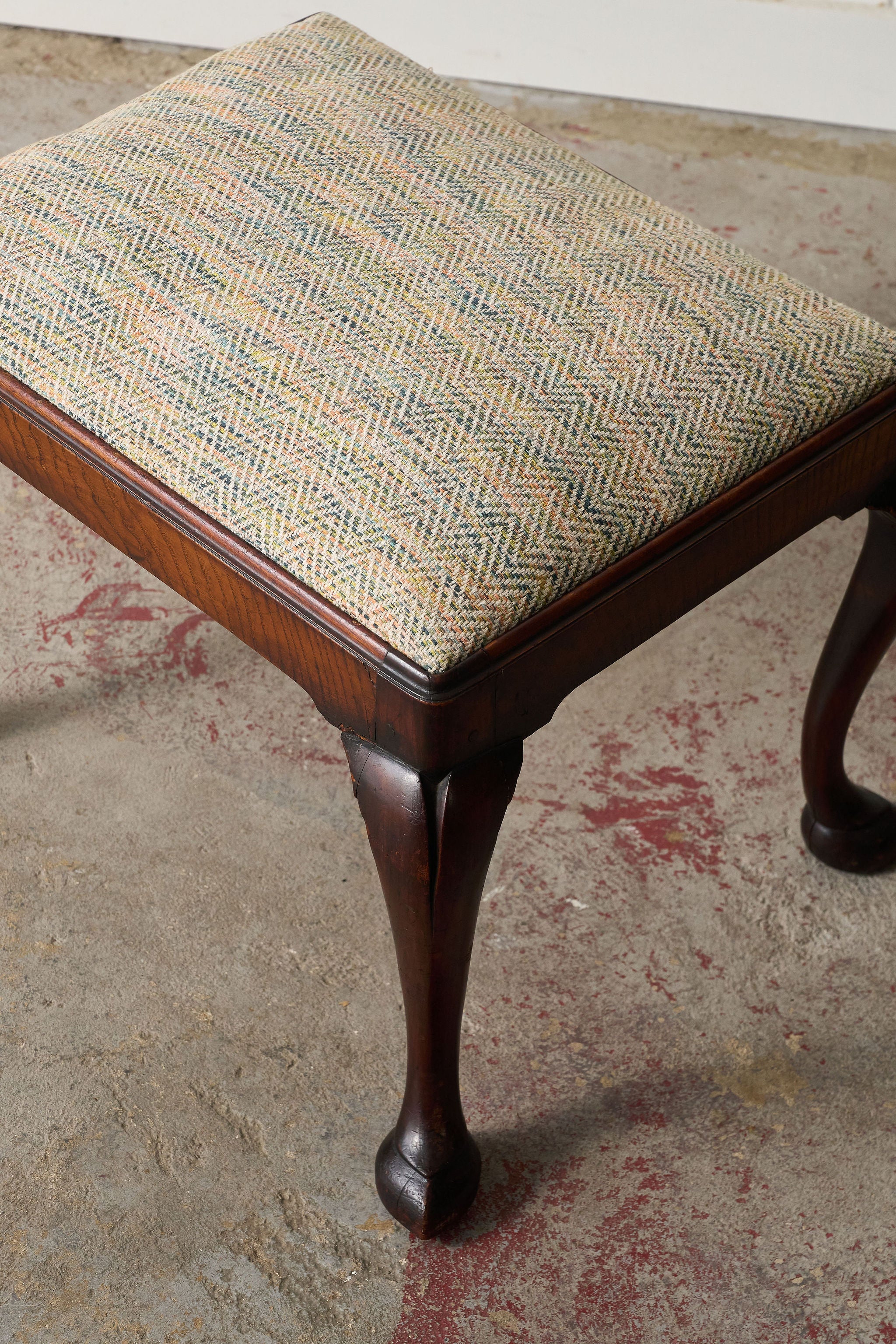 Upholstered Edwardian Stool with Hooved Feet