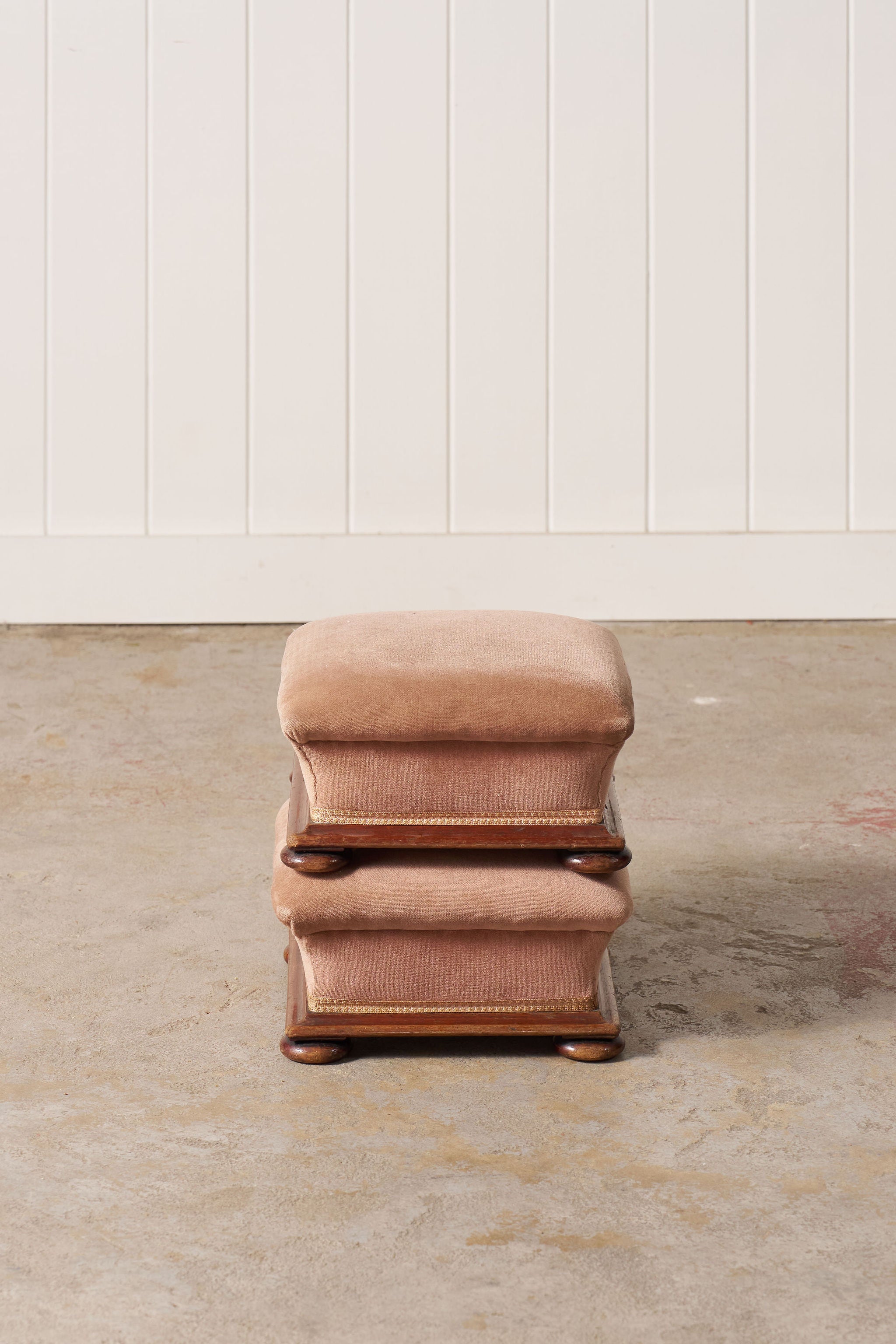 Pair of Footstools with Wooden Base and Rose Upholstery