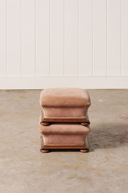 Pair of Footstools with Wooden Base and Rose Upholstery