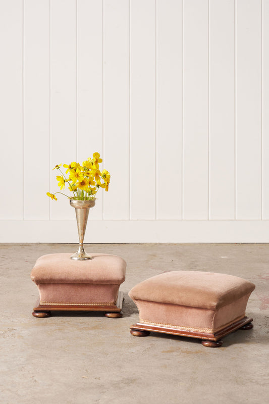 Pair of Footstools with Wooden Base and Rose Upholstery