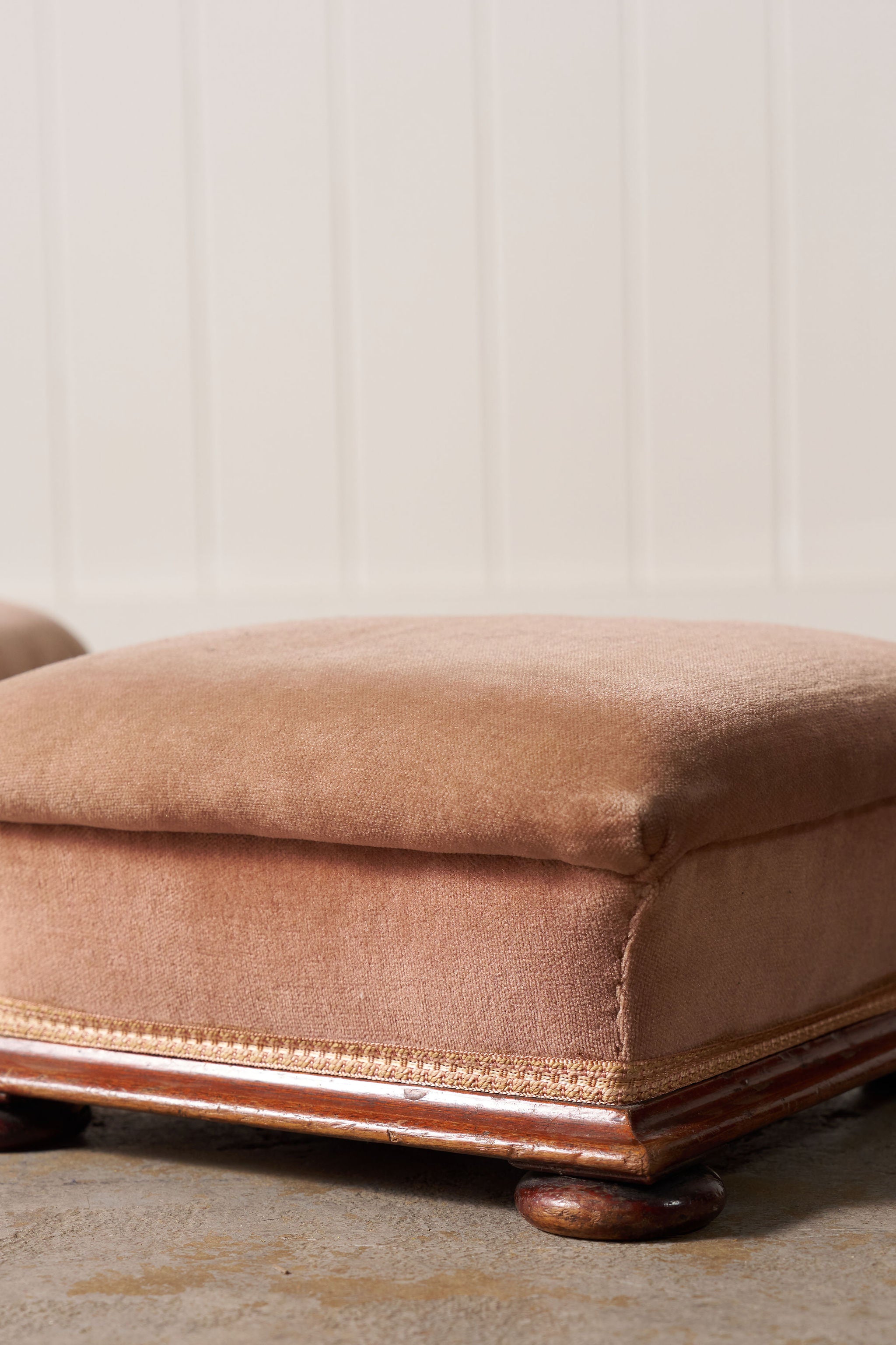 Pair of Footstools with Wooden Base and Rose Upholstery
