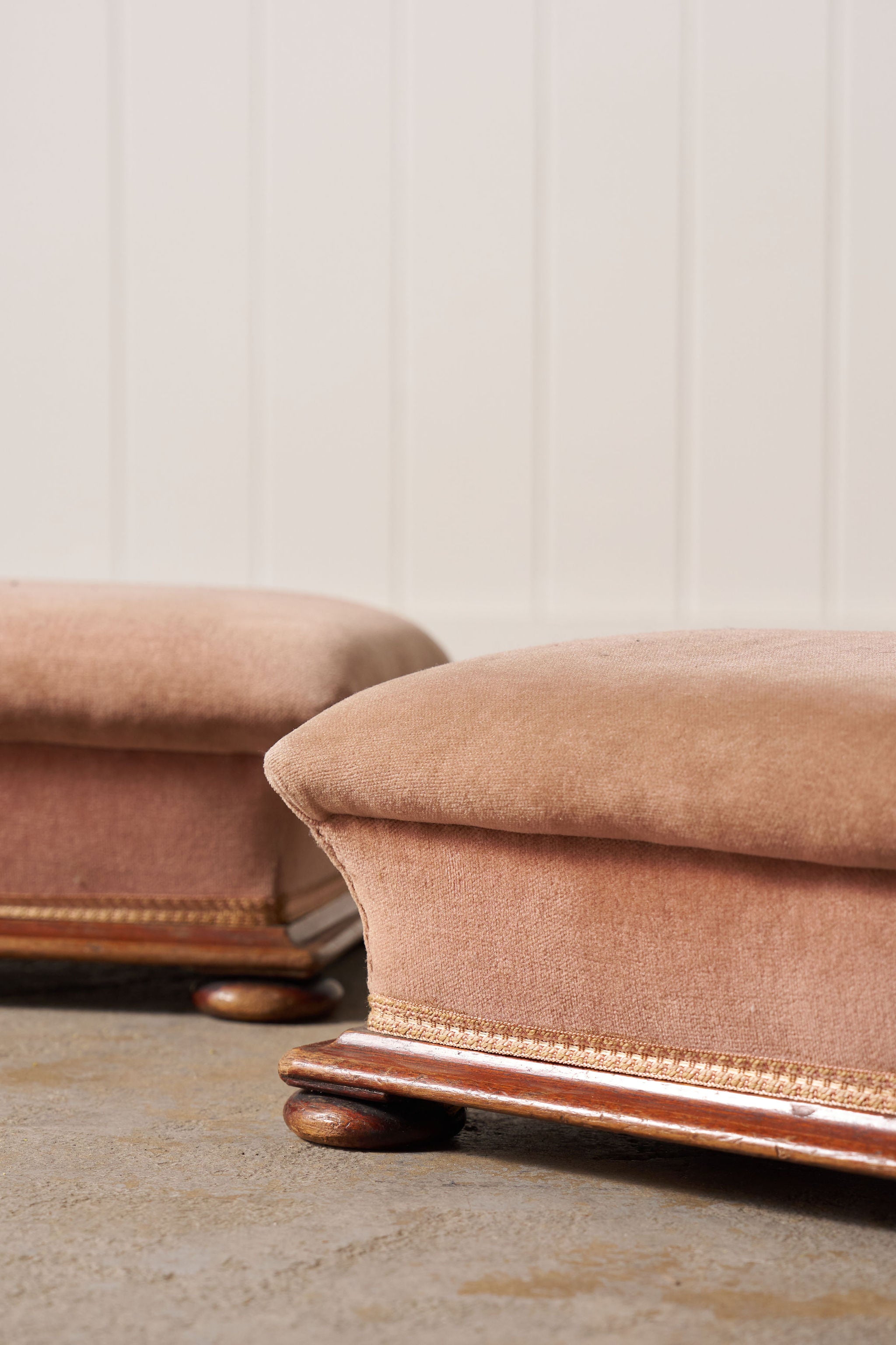 Pair of Footstools with Wooden Base and Rose Upholstery