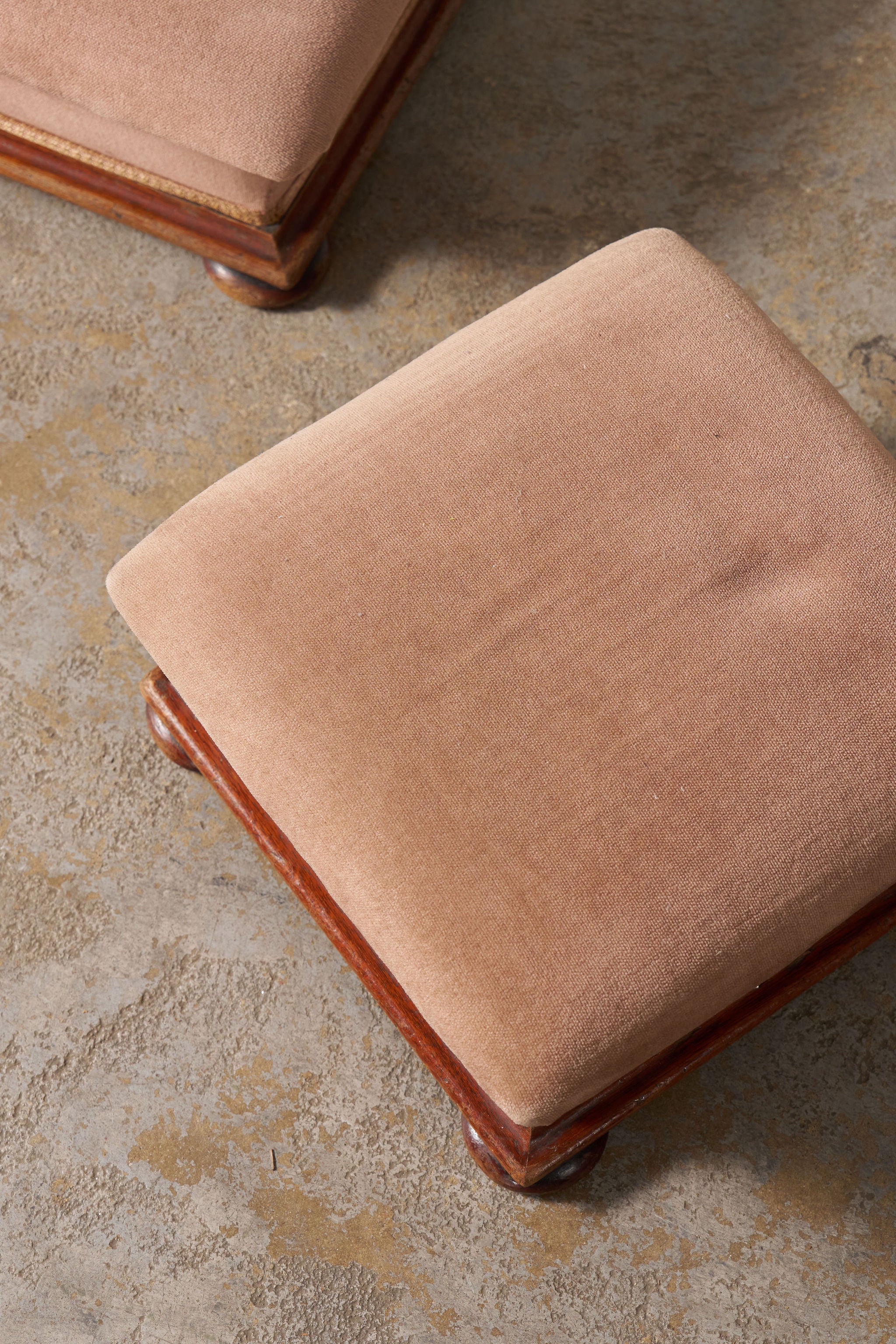 Pair of Footstools with Wooden Base and Rose Upholstery