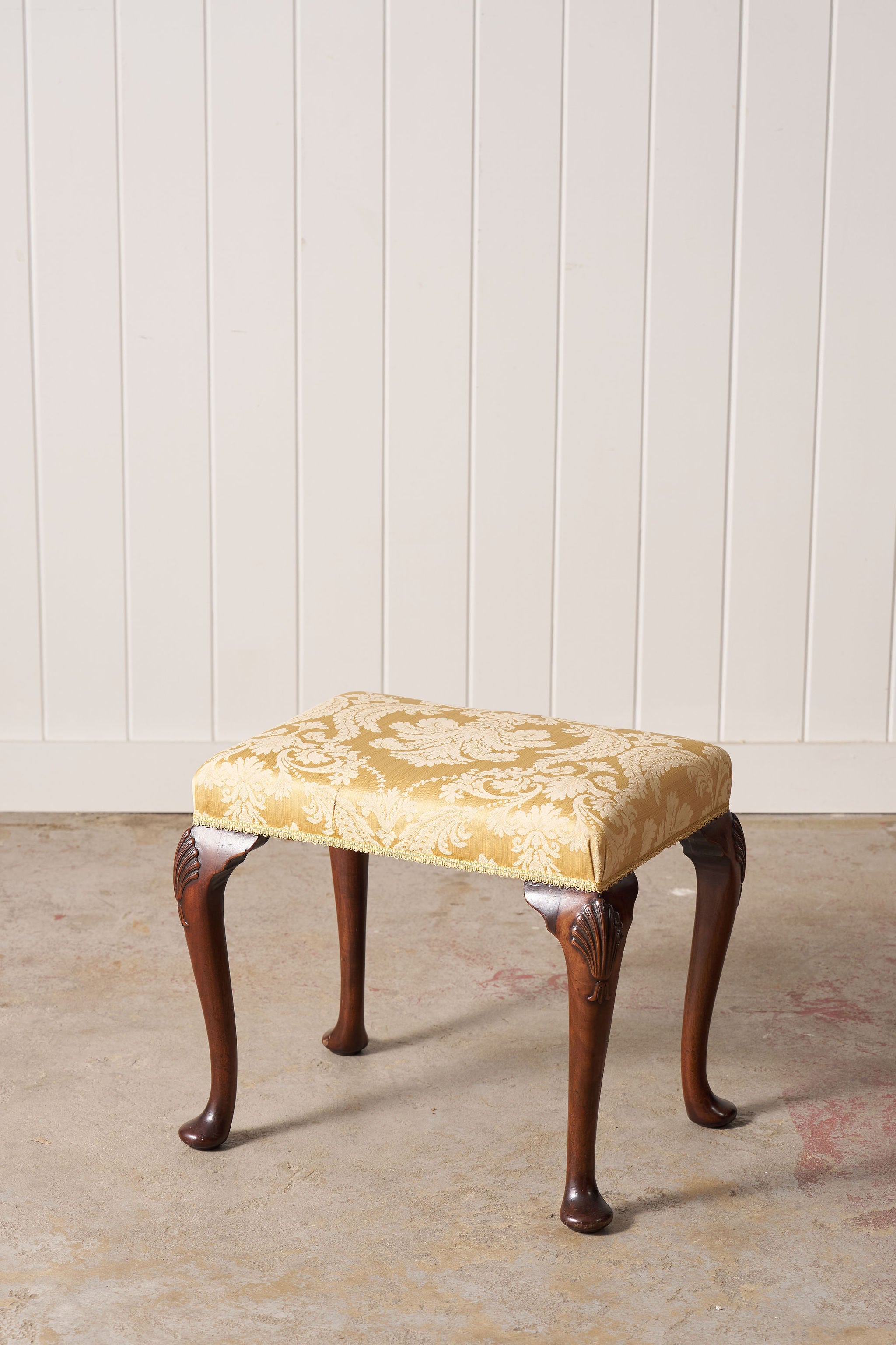 Antique English Stool with Padded Feet + Shell Details