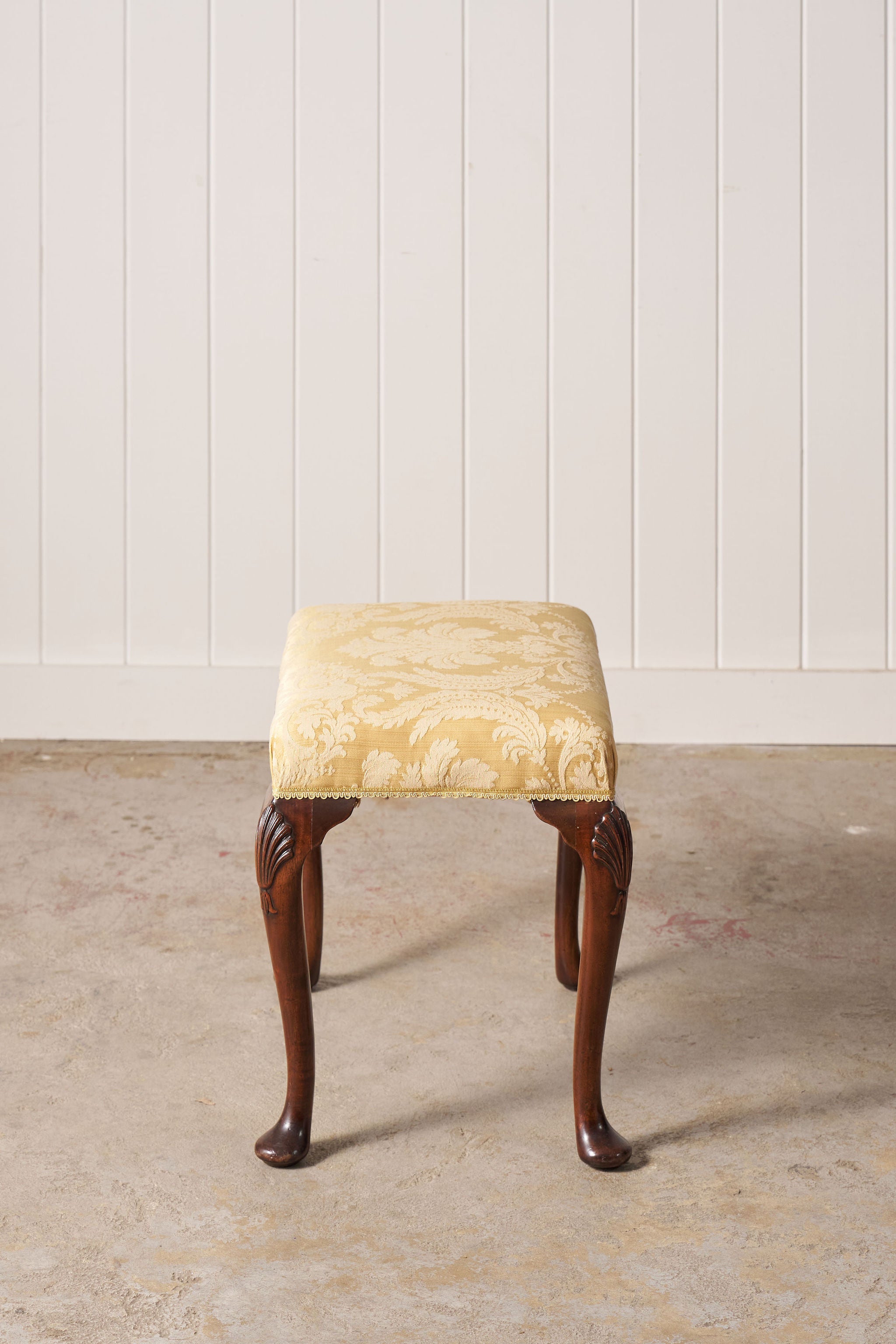 Antique English Stool with Padded Feet + Shell Details