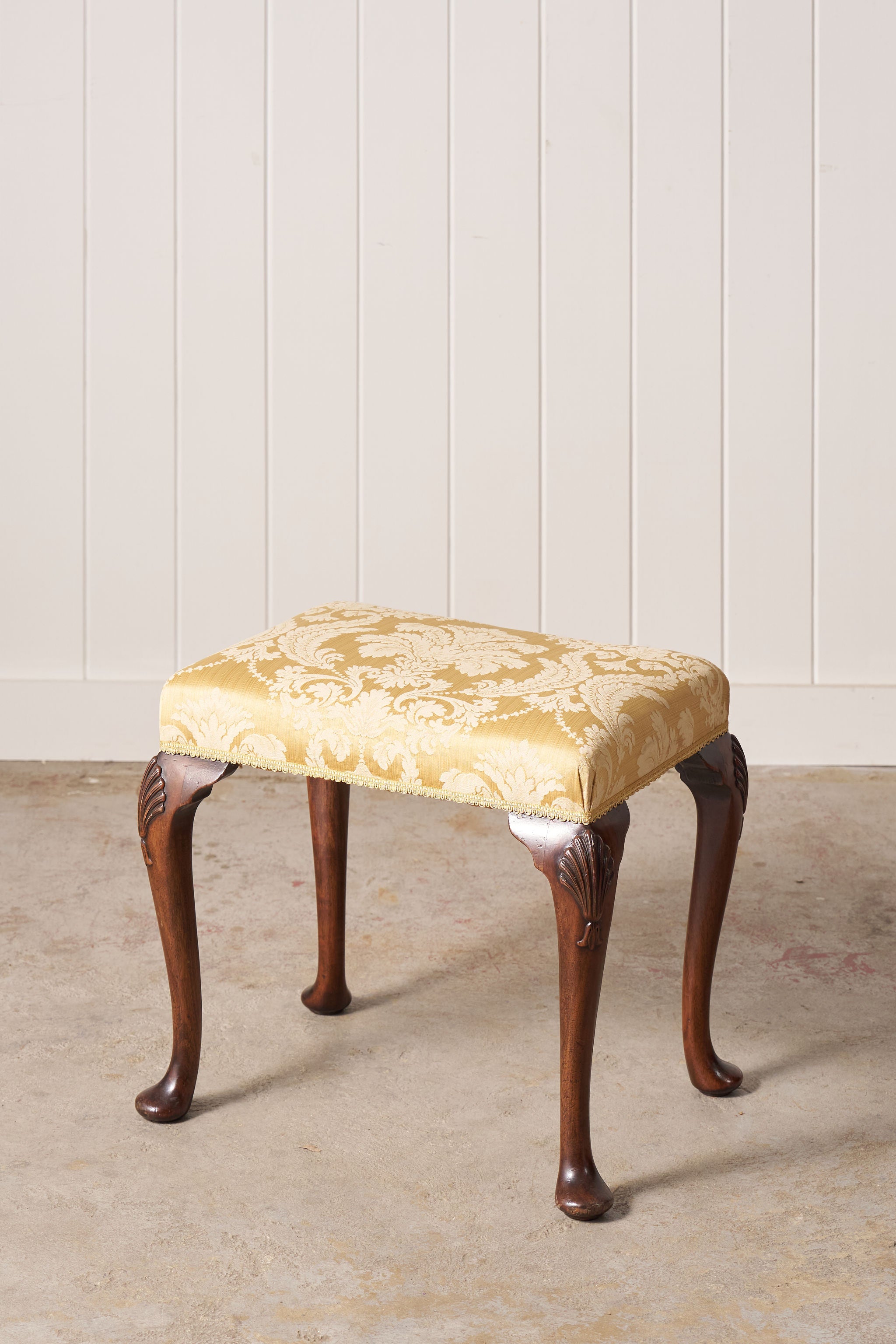 Antique English Stool with Padded Feet + Shell Details