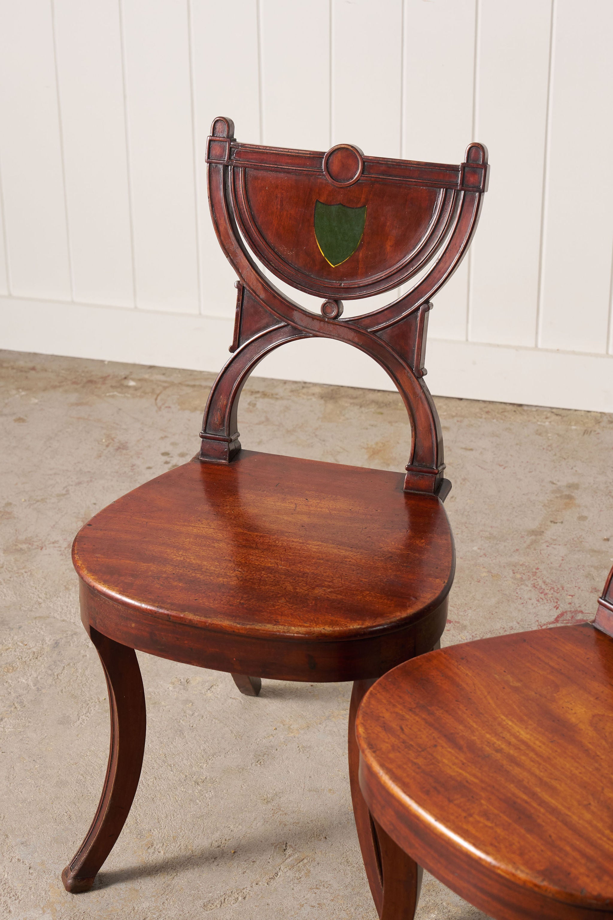 PAIR of 19th Century Walnut Hall Chairs with Green Painted Shields