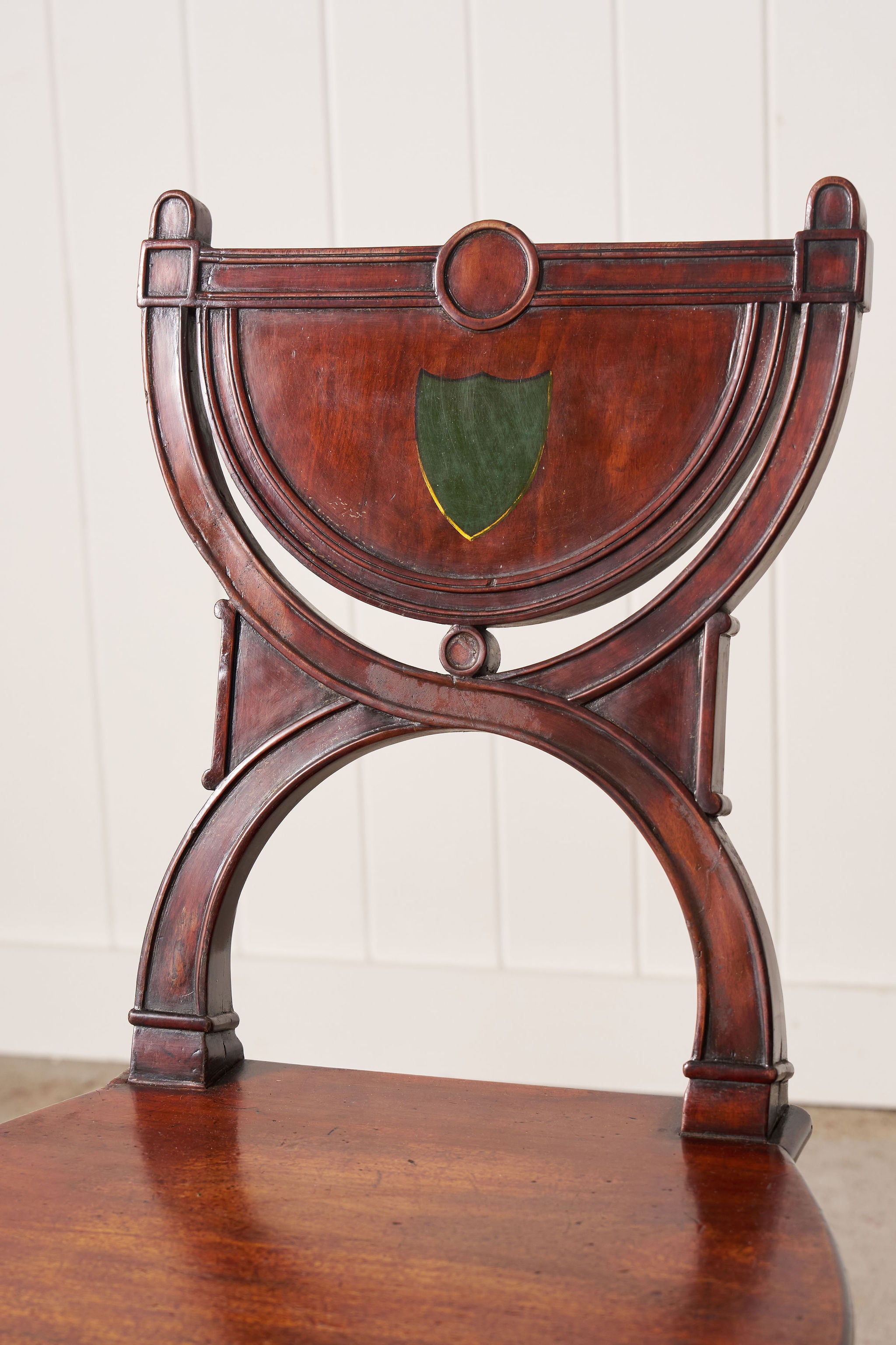 PAIR of 19th Century Walnut Hall Chairs with Green Painted Shields