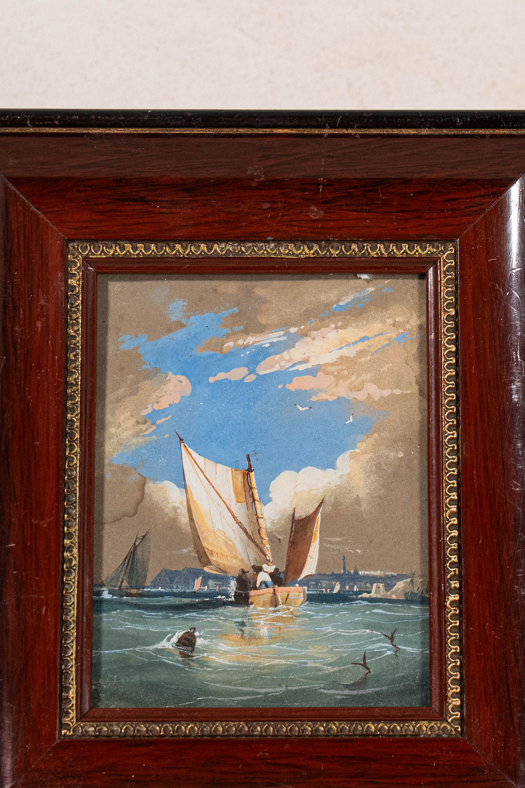 Original Seascape Watercolor in Cherry Hue Oak Frame