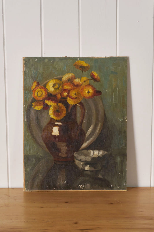 Mid Century Signed Floral Still Life Oil on Board (unframed)