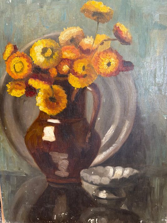 Mid Century Signed Floral Still Life Oil on Board (unframed)