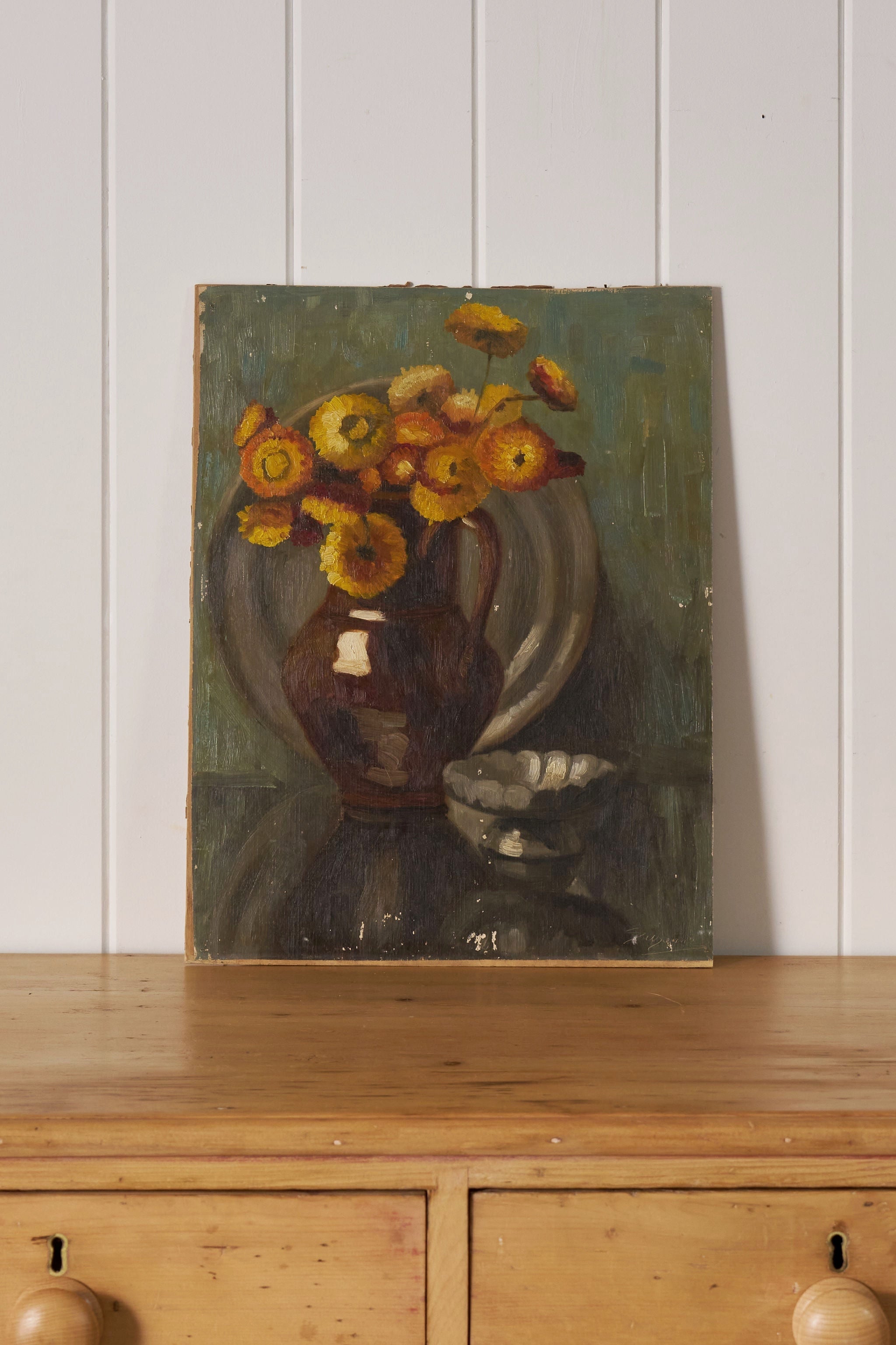 Mid Century Signed Floral Still Life Oil on Board (unframed)