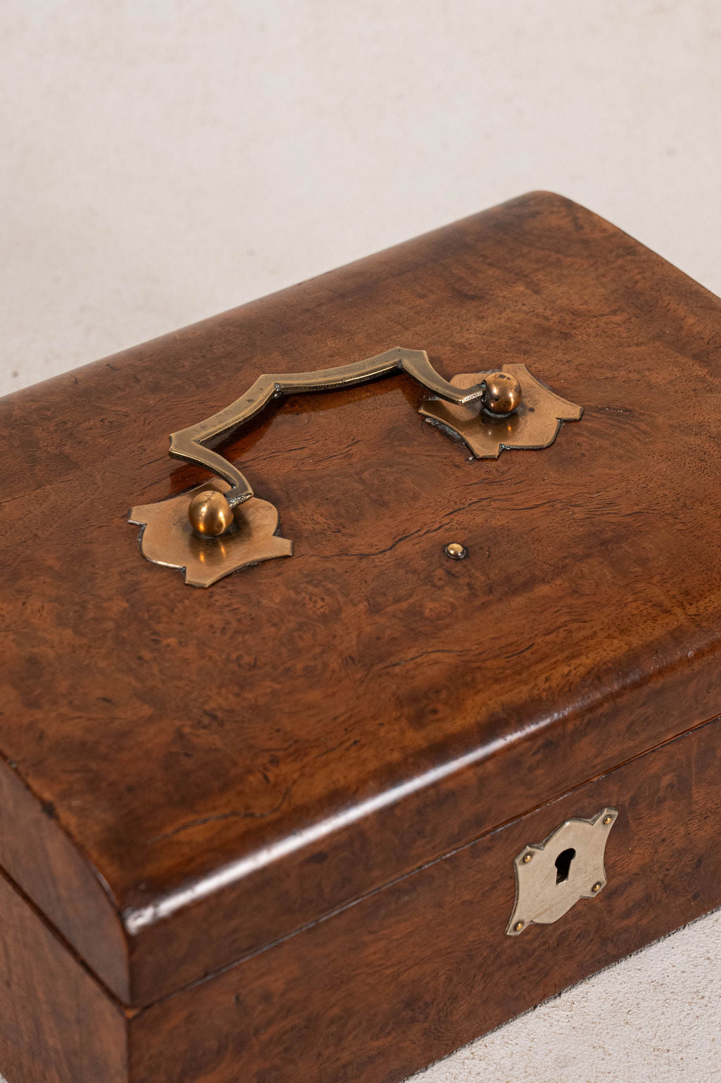 Antique English Burl Wood Sewing Box with Brass Top Handle