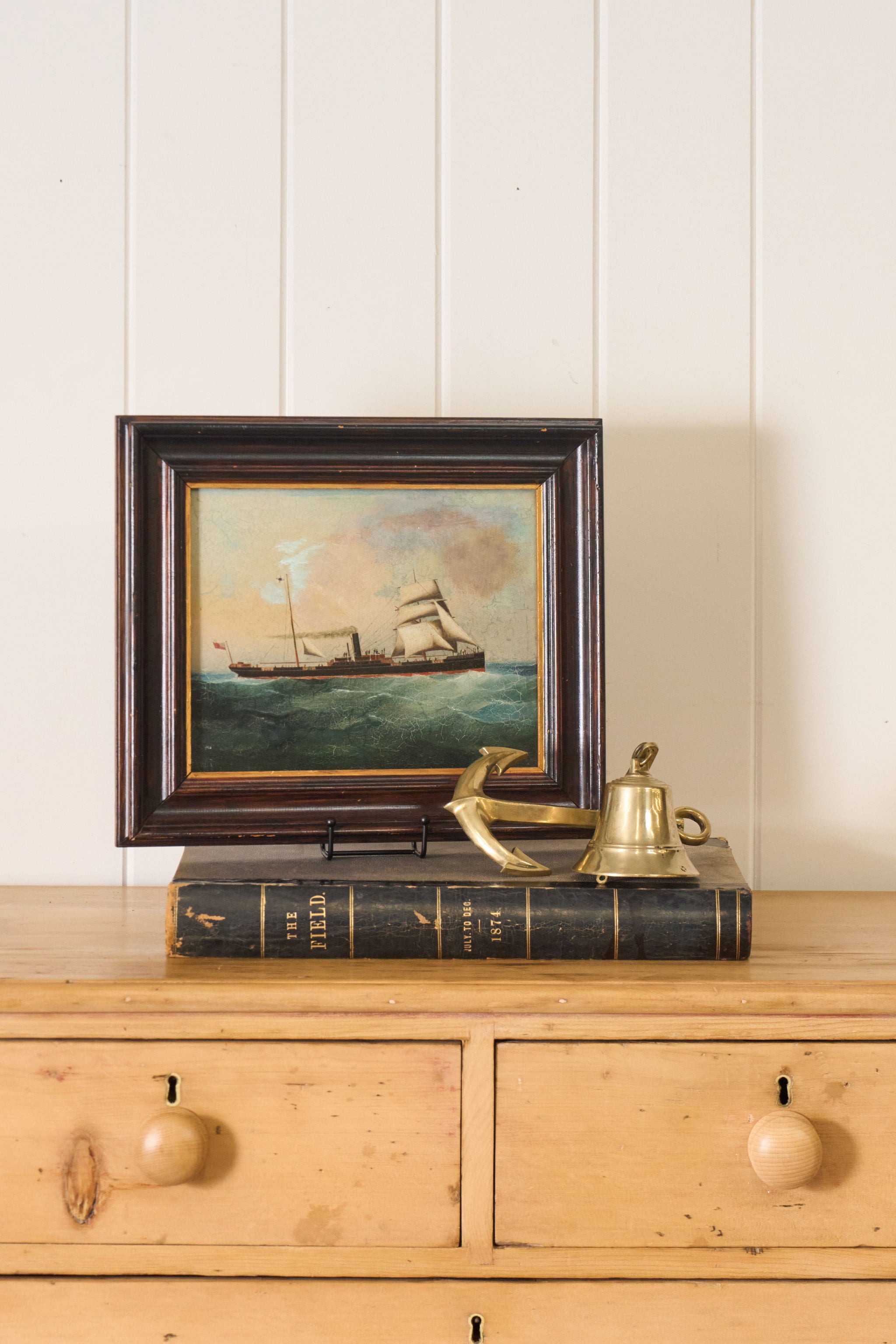 Antique Oil on Canvas British Steamship Painting in Oak Frame