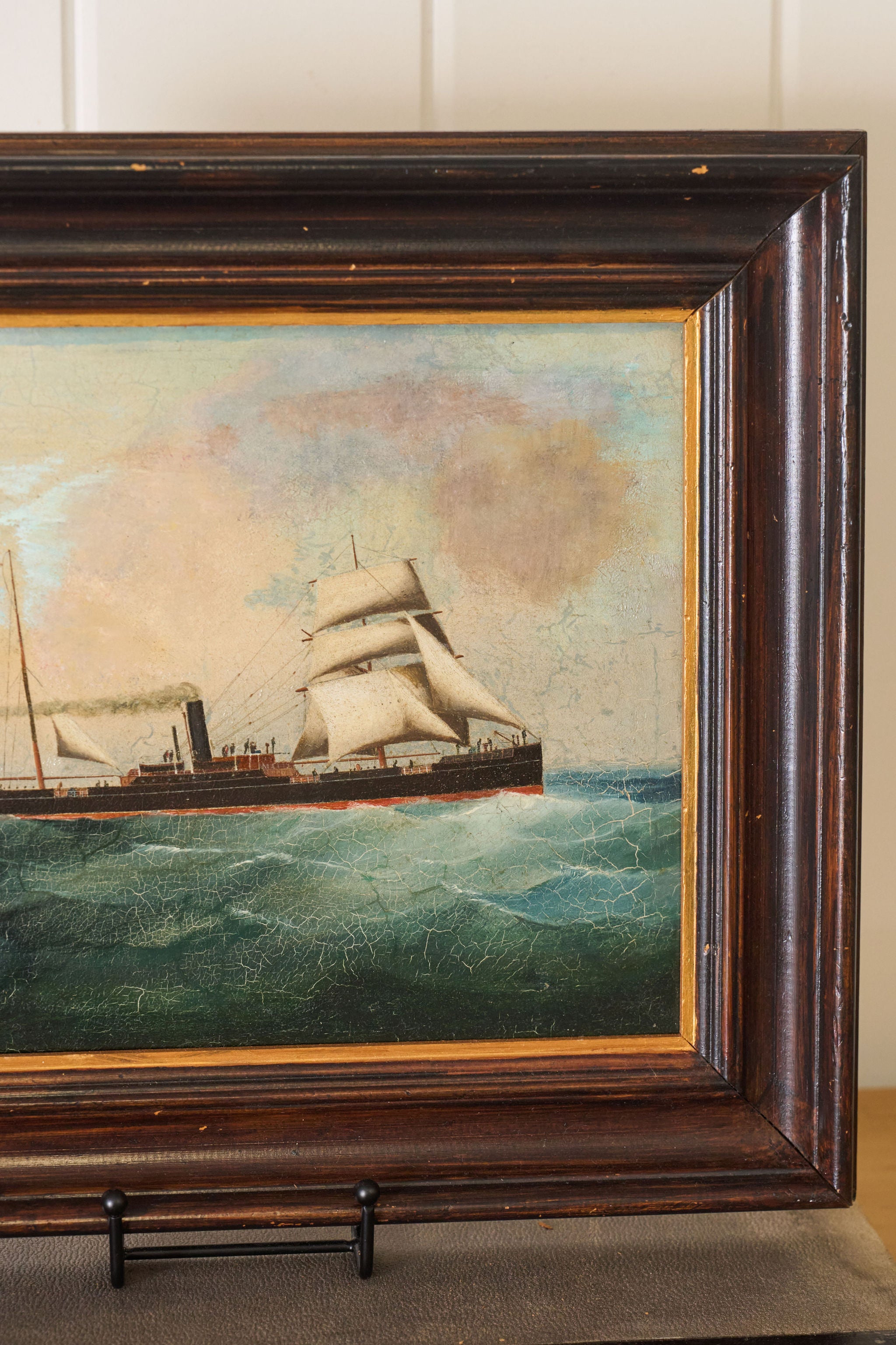 Antique Oil on Canvas British Steamship Painting in Oak Frame